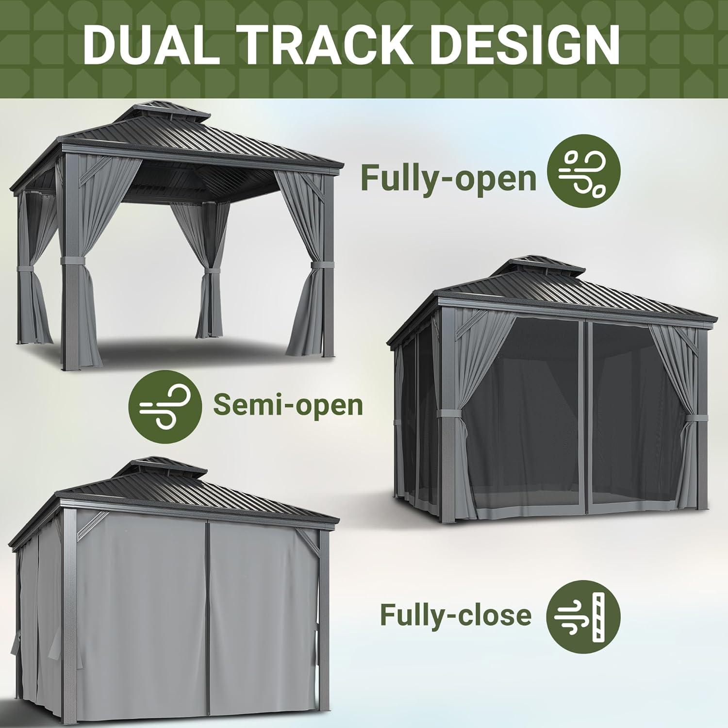 Ulax Furniture 10Ft x 12Ft Patio Hardtop Gazebo Outdoor Aluminum Pergola with Galvanized Steel Double Roof Canopy, Polyester Curtain and Mosquito Net, 10, Brown