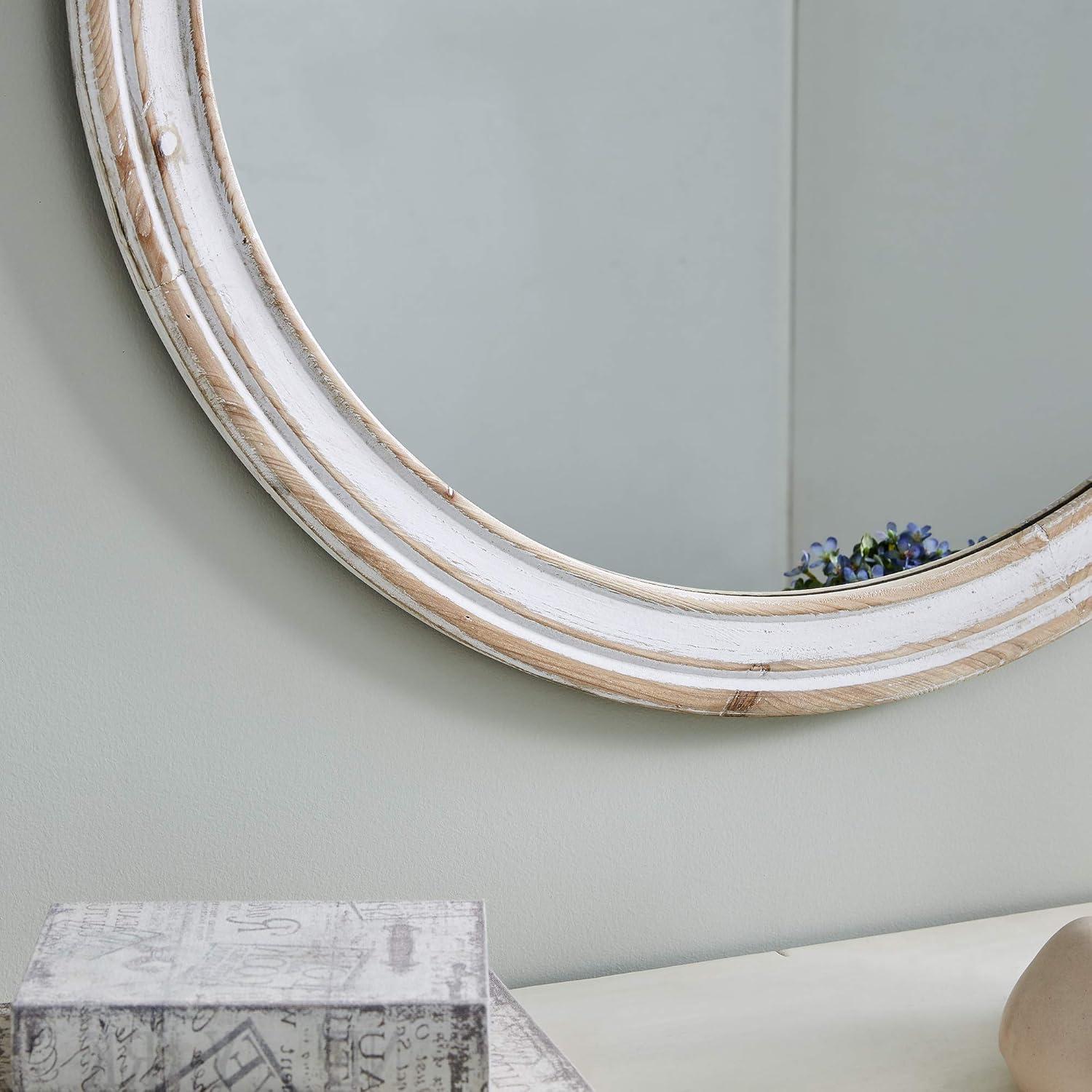 Aged White Round Weathered Wood Wall Mirror 32.8"