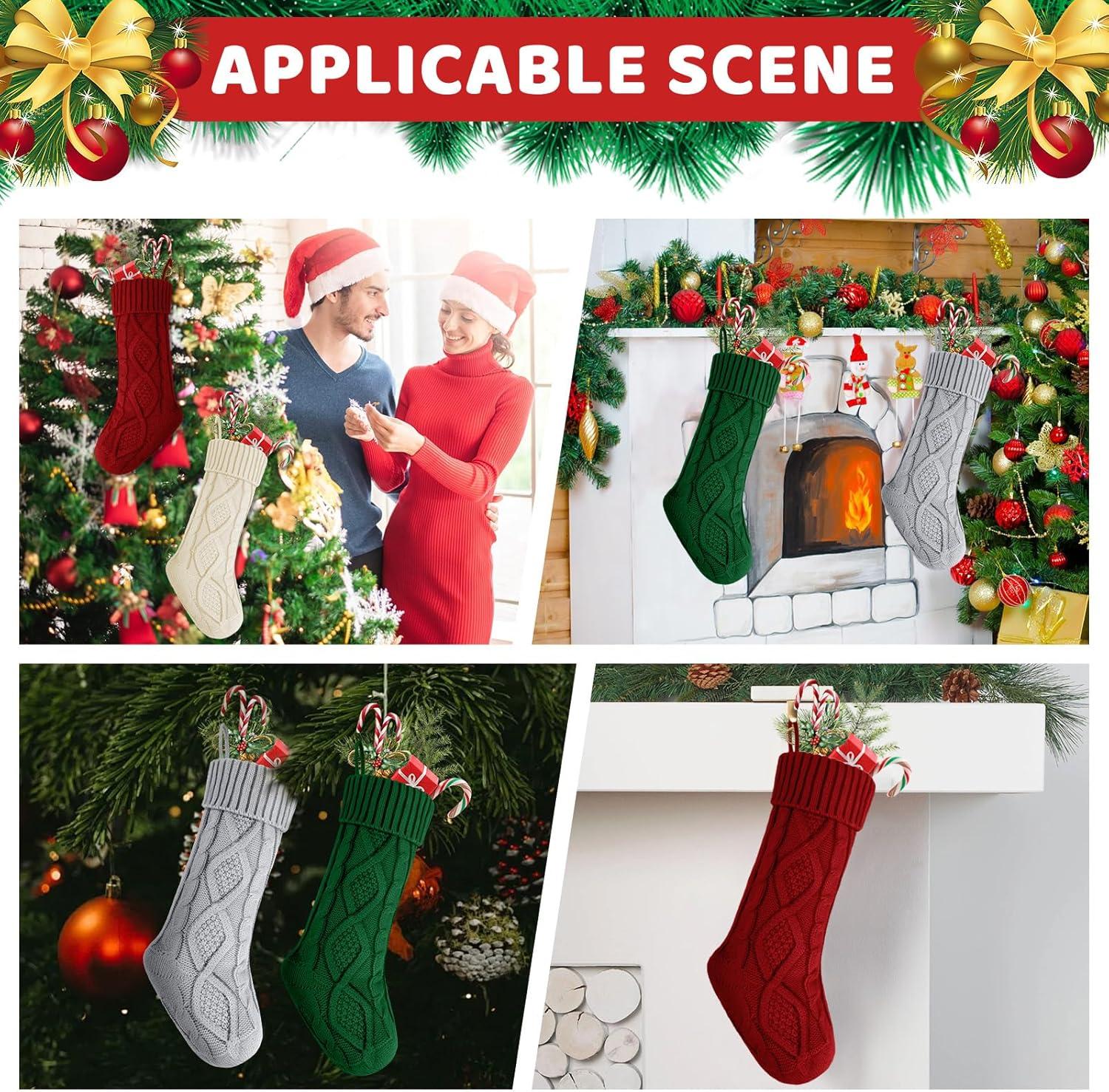 Large Red and Green Cable Knit Christmas Stockings, 4 Pack