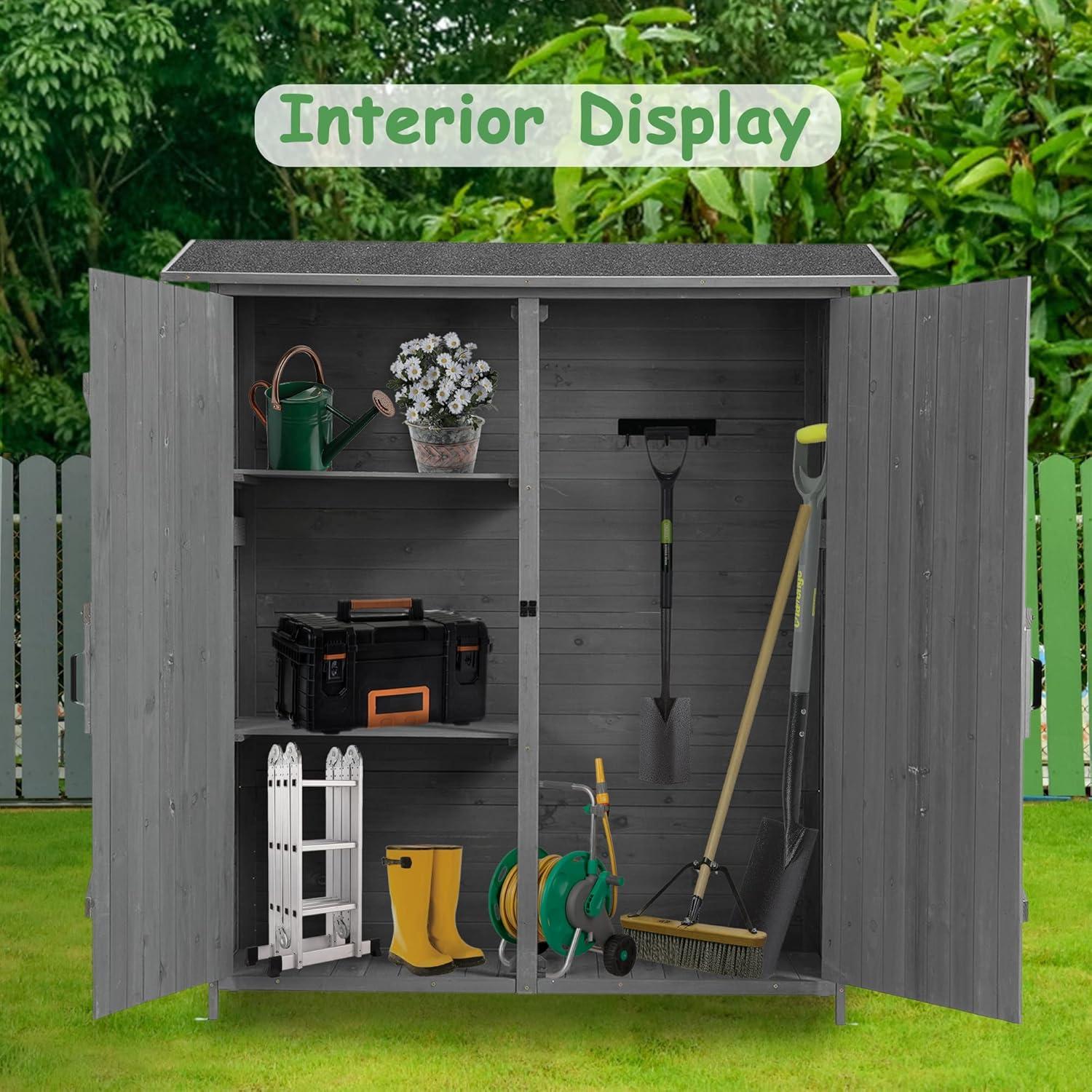 Royard Oaktree Outdoor Storage Shed Garden Storage Cabinet with Double Lockable Door Wooden Tool Shed with 3-Tier Shelves and Hooks Waterproof Tools Organizer for Backyard,Lawn,Grey