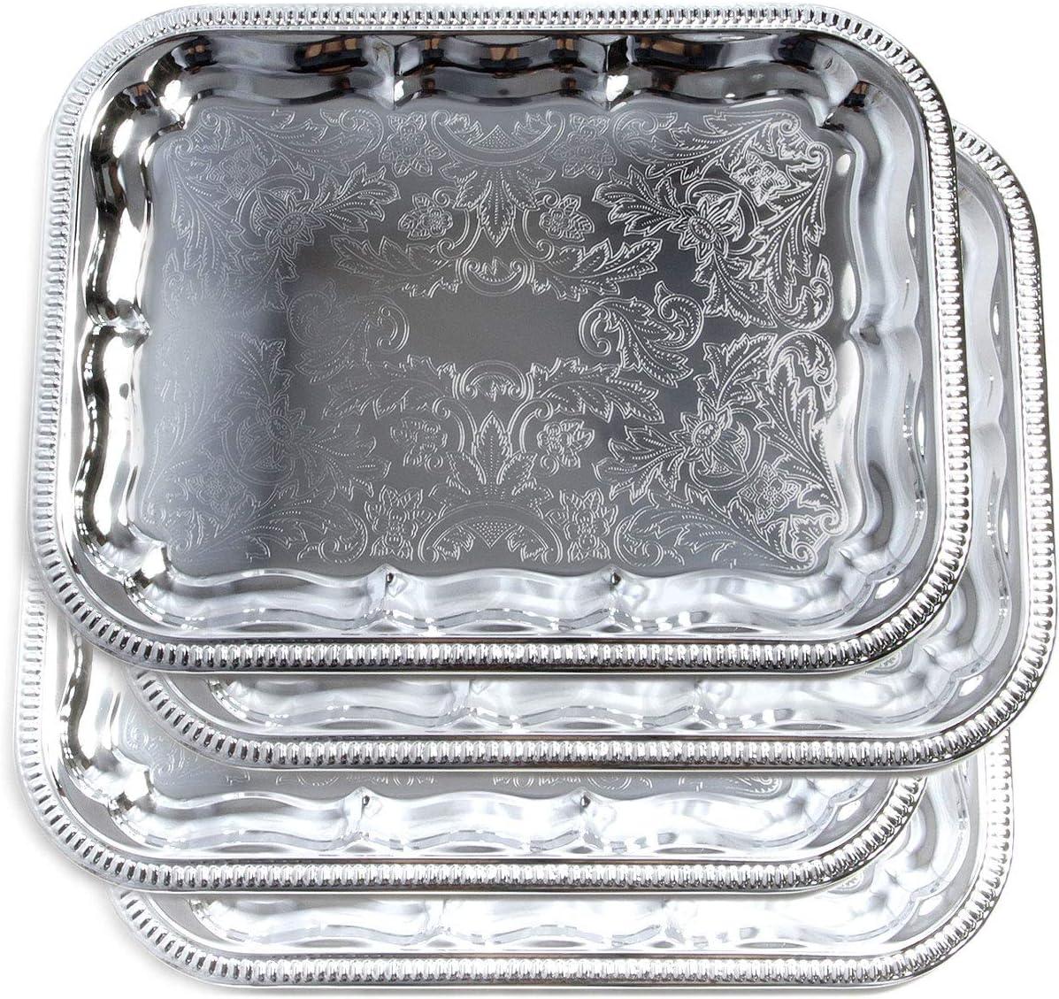(Pack of 4 16.1-Inch x 12.2-Inch Oblong Rectangular Trim Victoria Floral Engraved Catering Chrome Plated Serving Plate Mirror Food Candle Deco Art Tray Platter Party(Medium) T227-4pk