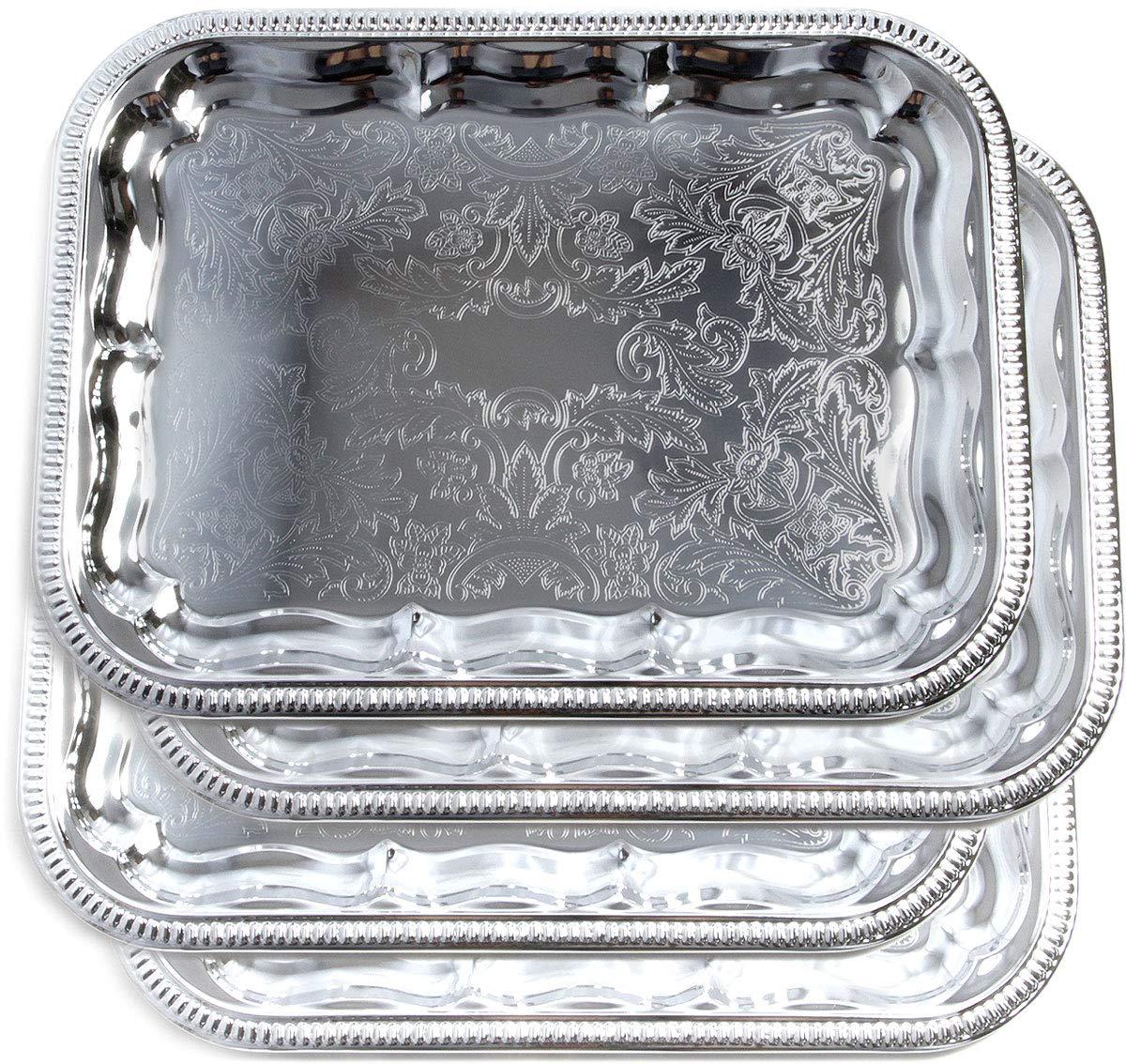 (Pack of 4 16.1-Inch x 12.2-Inch Oblong Rectangular Trim Victoria Floral Engraved Catering Chrome Plated Serving Plate Mirror Food Candle Deco Art Tray Platter Party(Medium) T227-4pk