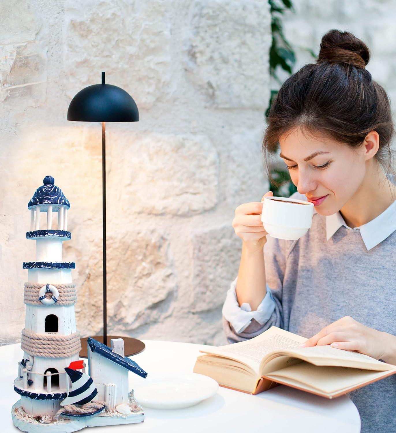 CoTa Global Ocean Blue Lighthouse Decor - Handmade and Crafted Wooden Lighthouse Decoration with Sailboat Figure Decorative Beach Style Tabletop Centerpiece, Nautical Themed Home Decor – 13.5 Inch