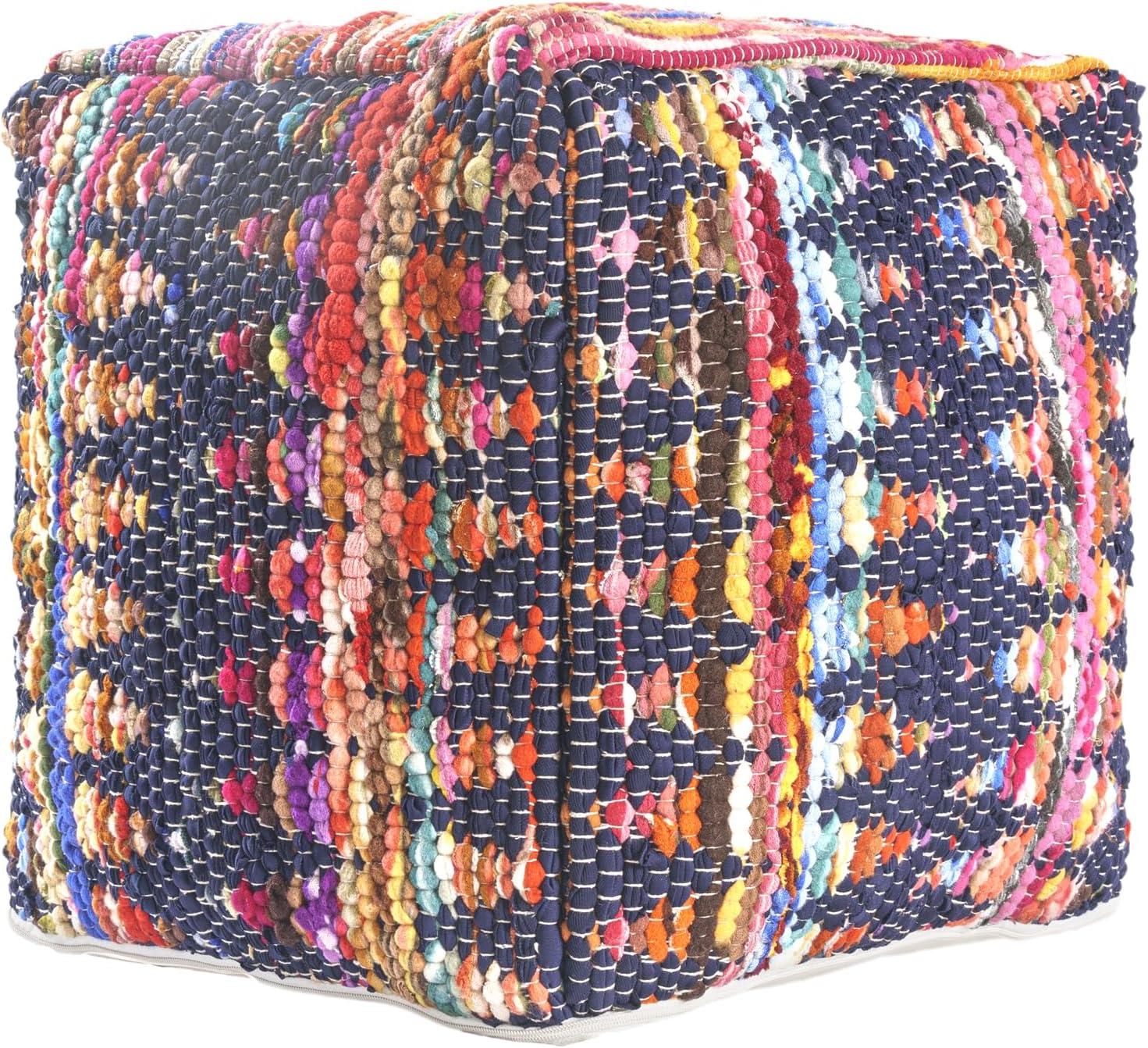 Evette Rios Dillon Denim Shabby Chic Hand-Loomed Cotton Blend Cube Ottoman Pouf