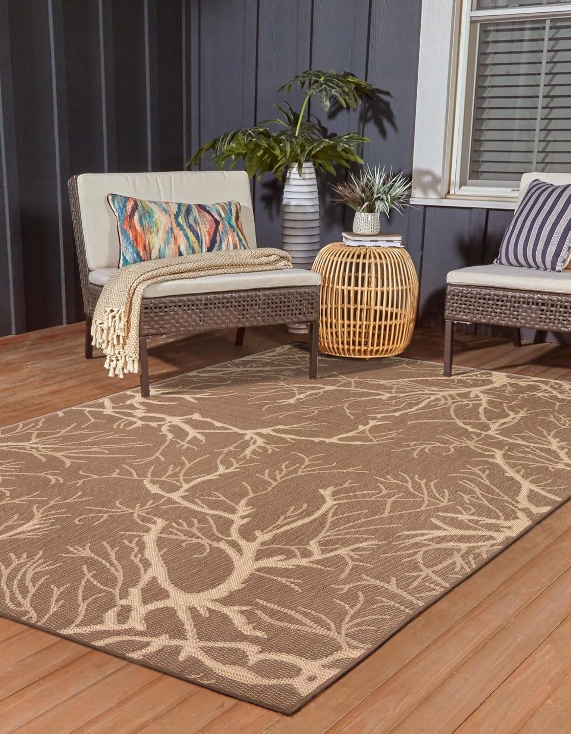 Brown and Beige Rectangular Synthetic Outdoor Area Rug