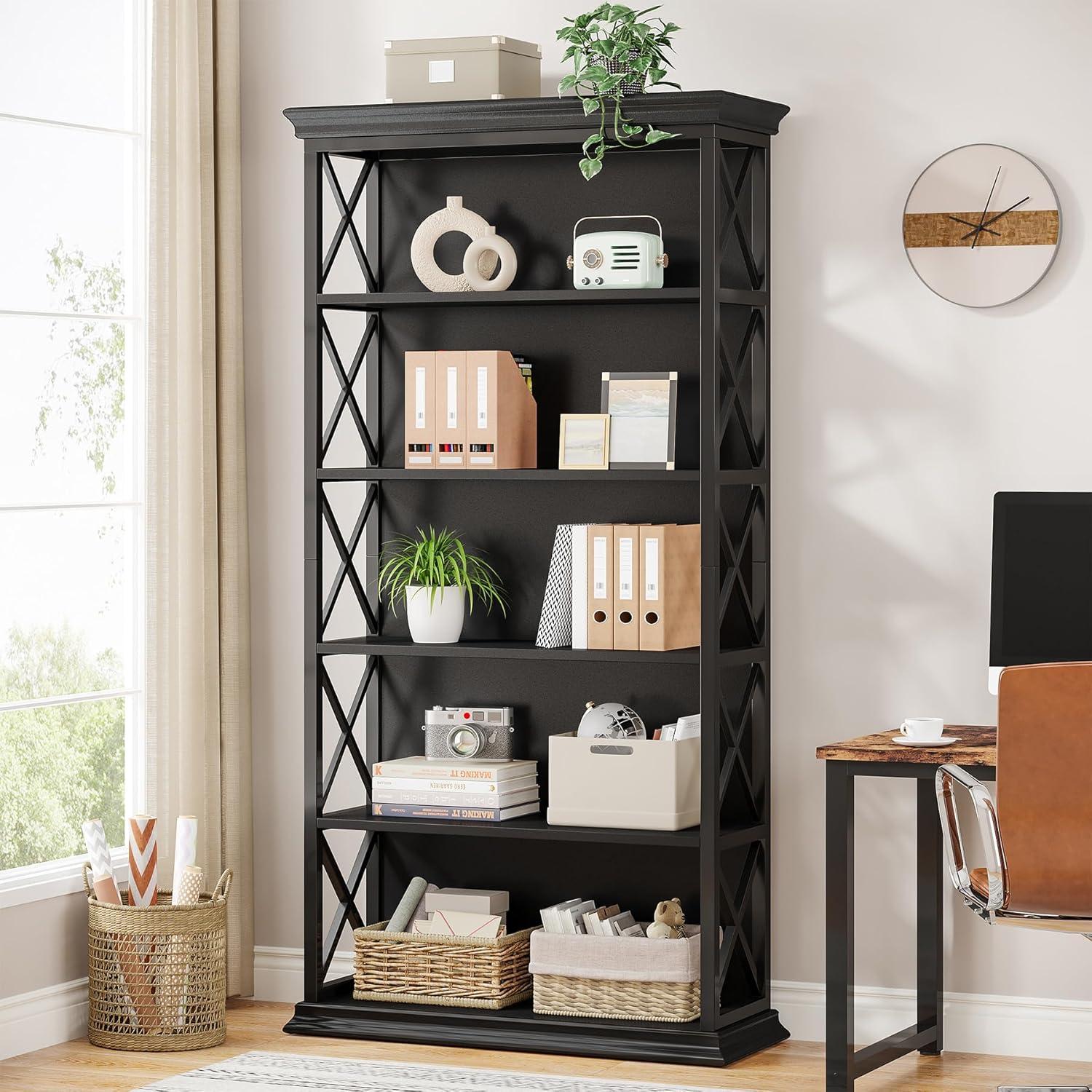 Tribesigns 71" Black 6-Tier Industrial Bookshelf with X Accents