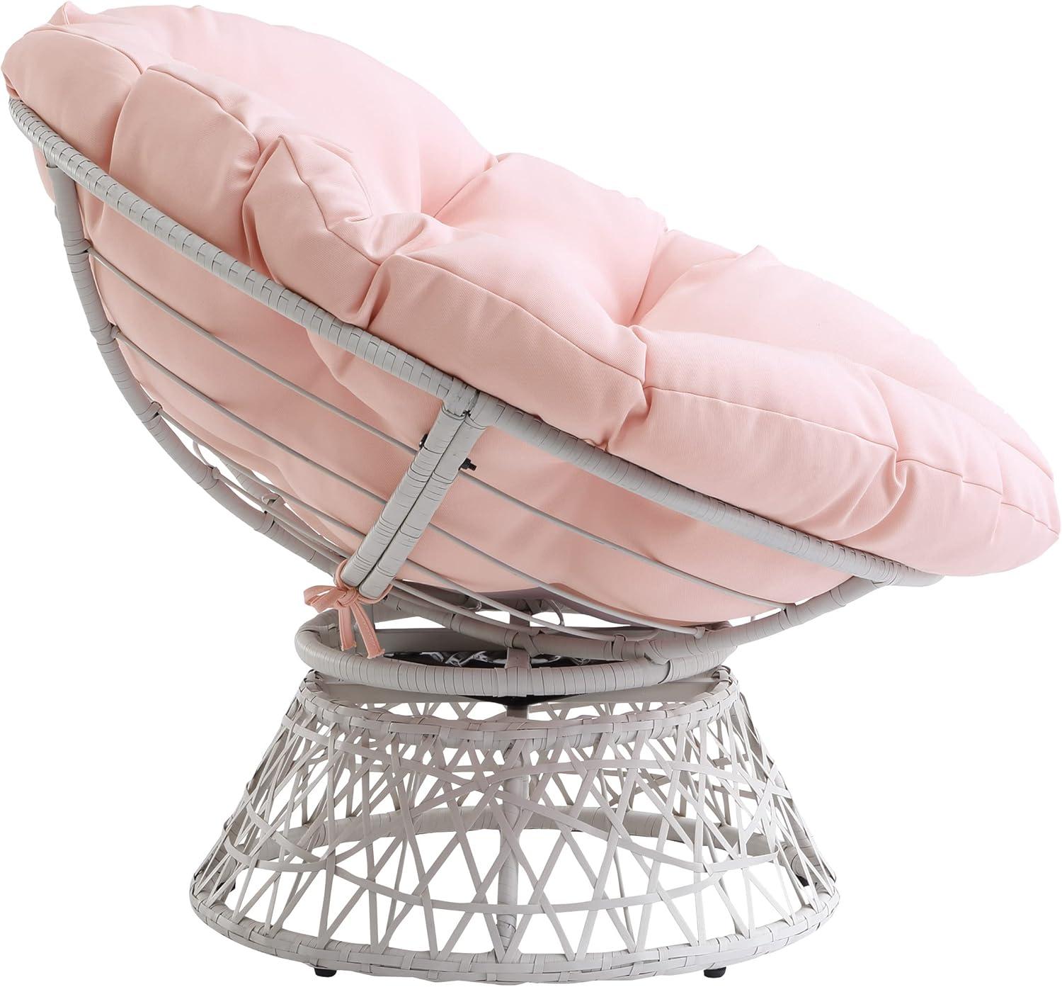 Papasan Chair with Pink Round Pillow Fabric Cushion and Cream Wicker Weave