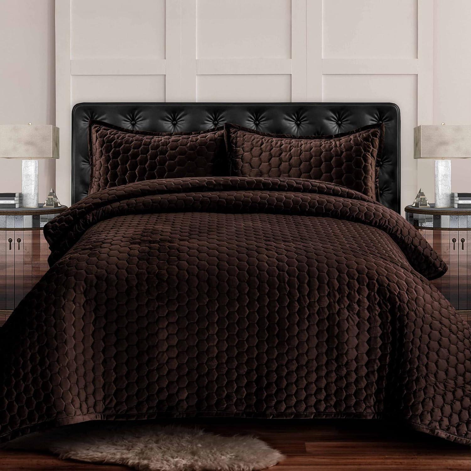 Chocolate Queen Velvet Reversible Quilt Set with Honeycomb Stitch