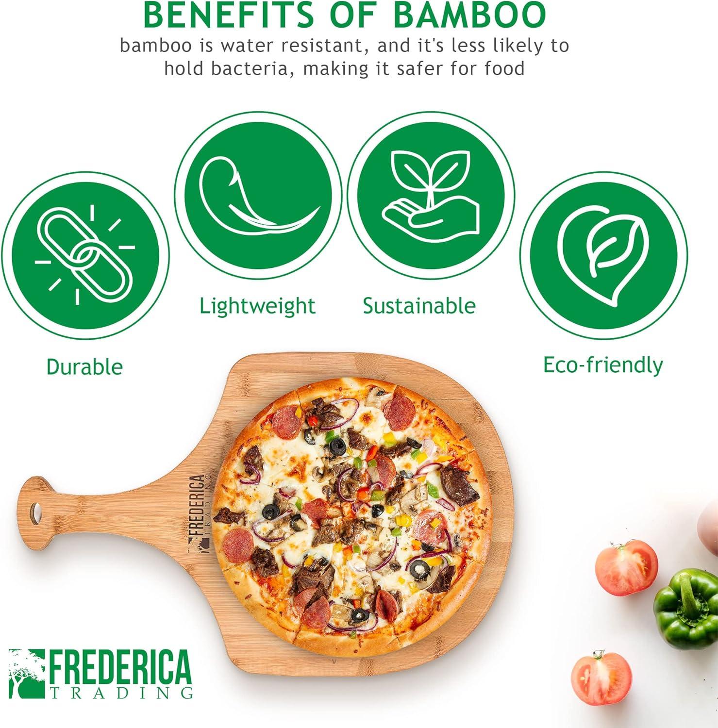 Frederica Trading Premium Bamboo Wooden Pizza Peel Paddle and Cutting Board with Handle for Baking Pizza, Bread, Cutting Fruit, Vegetables, Cheese Extra Large