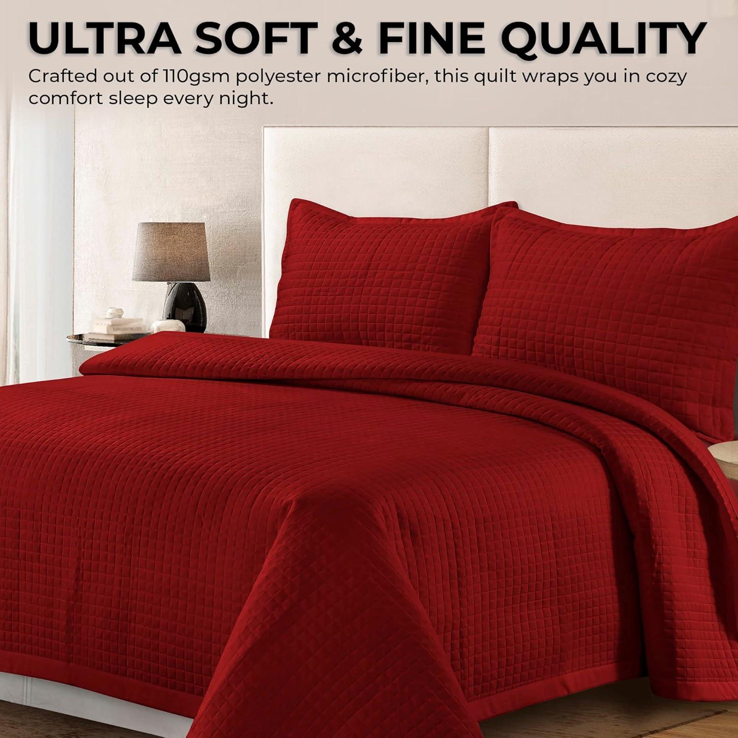 King Naples Microfiber Quilt Set Deep Red - Tribeca Living: Includes 2 King Shams, Box Quilting Design