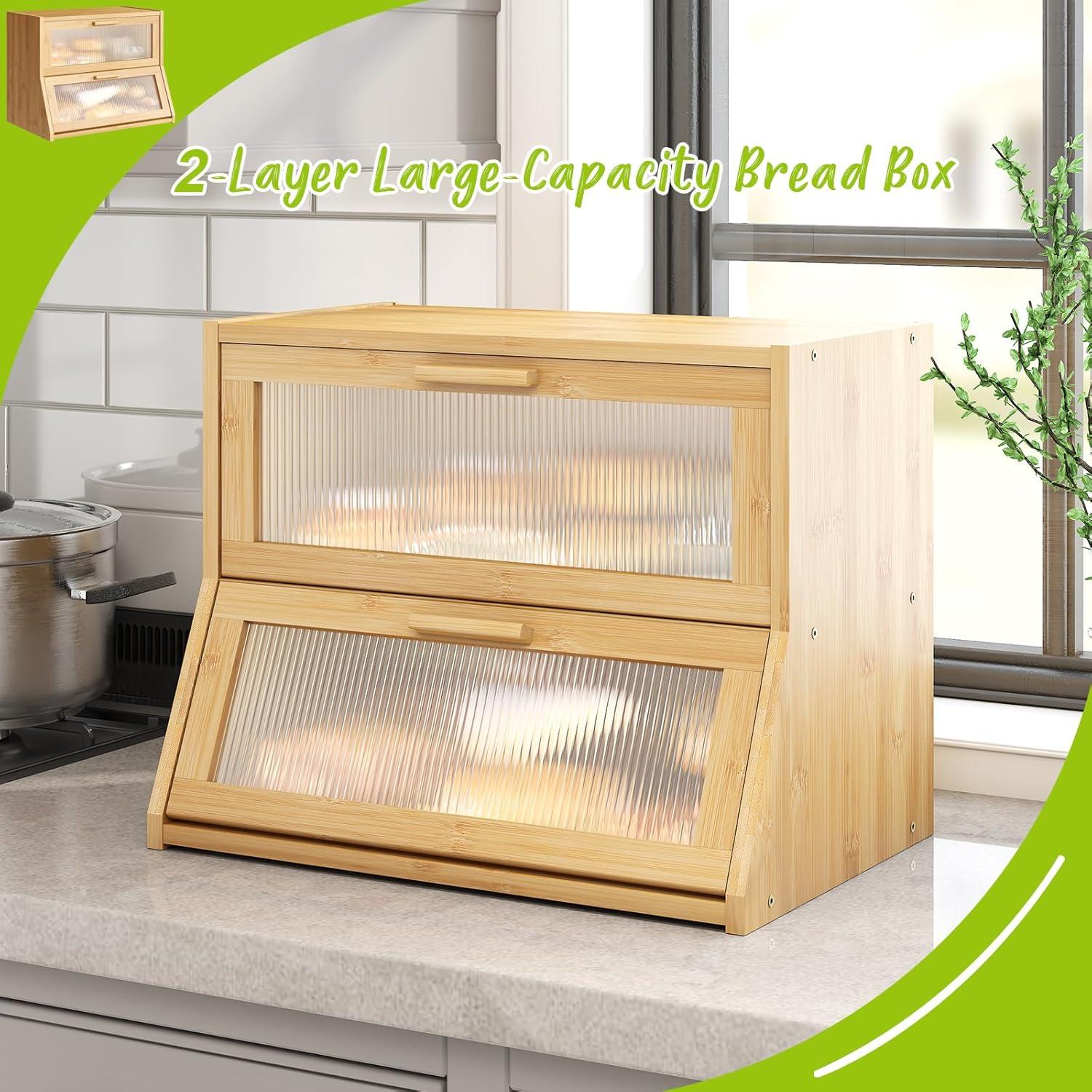 Large Bread Box Double Layer Bamboo Bread Box For Kitchen Counter Container Farmhouse Bread Box Bread Holder Capacity Bread Storage Bin(Natural)