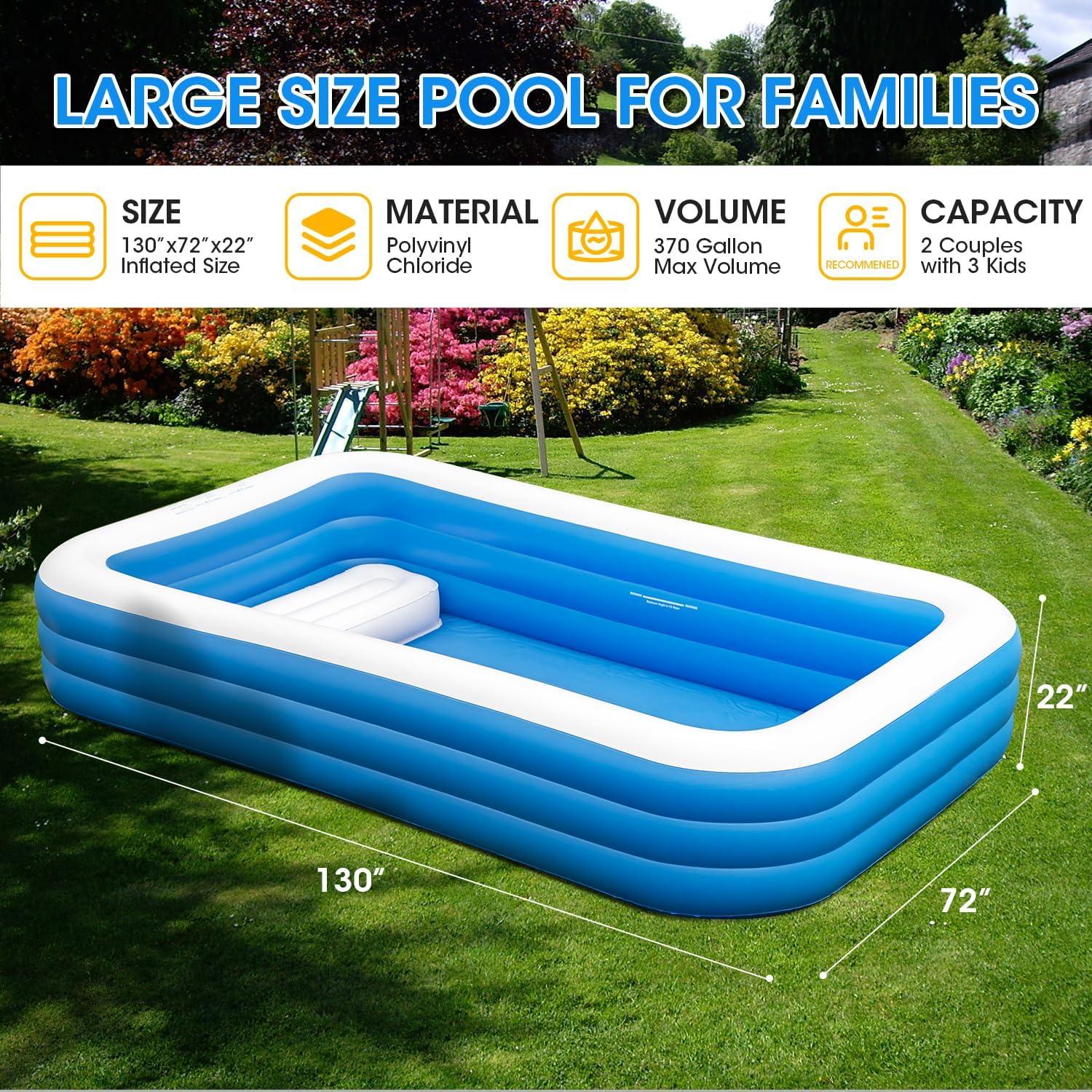 Family Pool Inflatable with Pump - 130'' x 72'' x 22'' Swimming Lounge Pools for Adults Family (sea Blue)