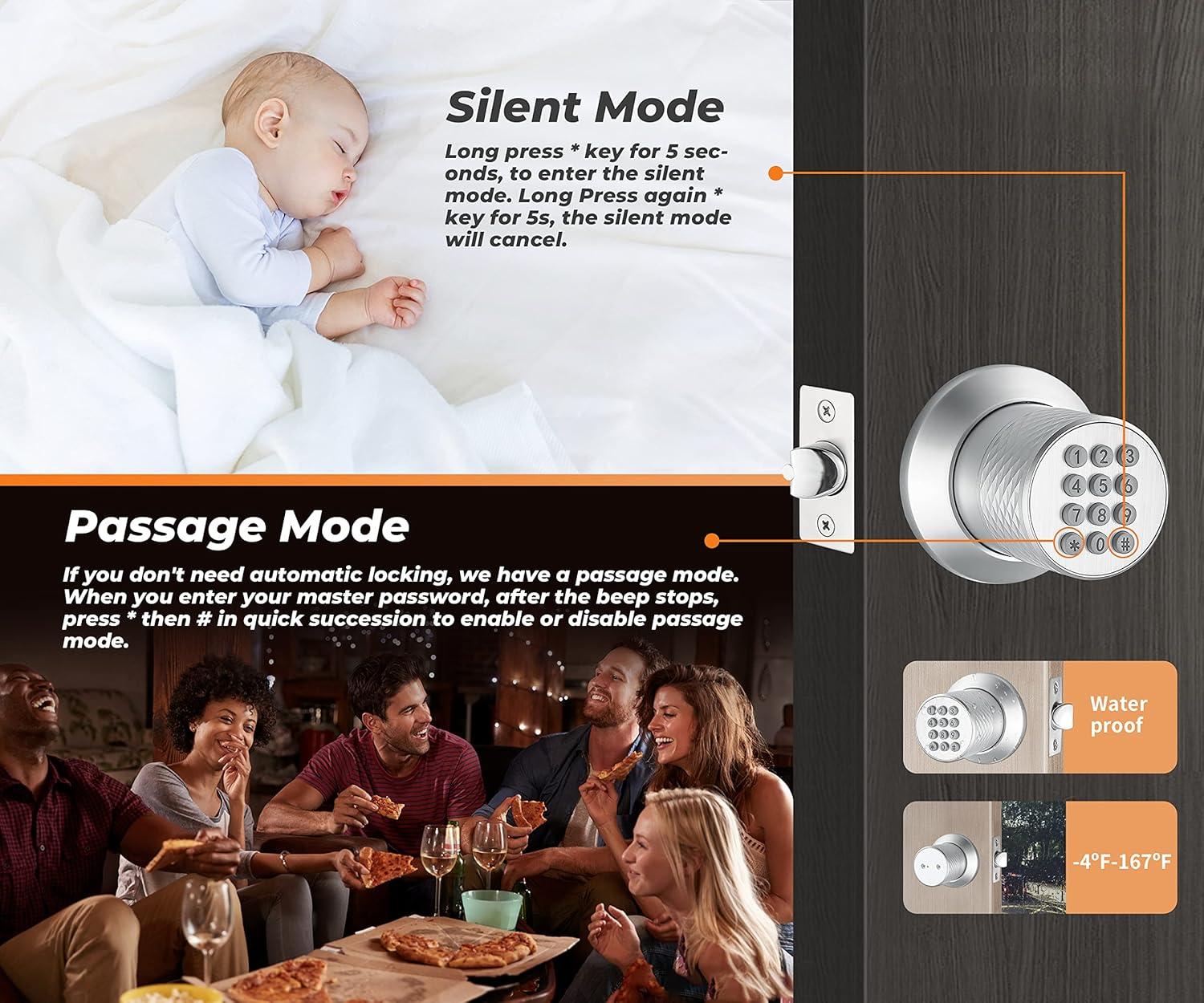 Electronic Keypad Door Knob, Smart Keyless Entry Door Knobs, Code, Anti-Slip Handle, 2.5s Auto Lock, Waterproof Door Lock, Easy to Install for Home, Office, Apartments and Garage