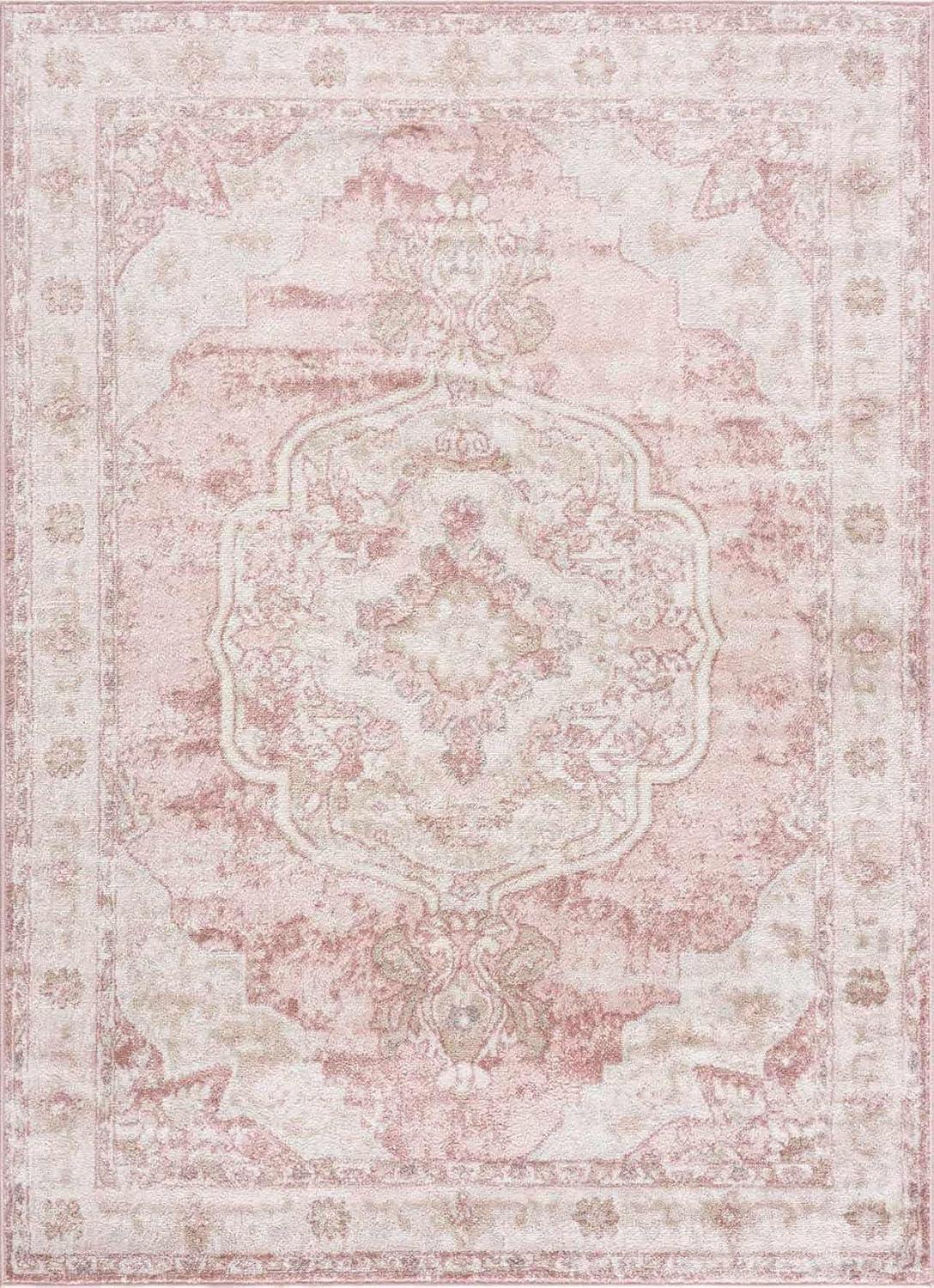 BoutiqueRugs Blush & Light Pink Collection Kandos Bohemian Oriental Medallion Area Rug - Traditional Floral Carpet for Living Room, Bedroom - Blush, Dusty Pink, Cream - 5'3" x 7' (5x7 Area Rug)