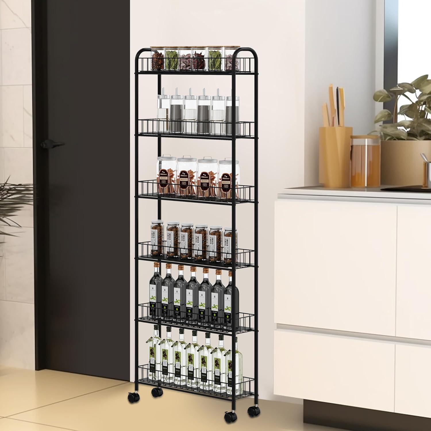 GVN Mobile Shelving Unit Organizer Utility Cart,6 Tier Storage Cart,Metal Kitchen Rolling Cart with Lockable Wheels & Baskets,6" Slim Storage Shelf