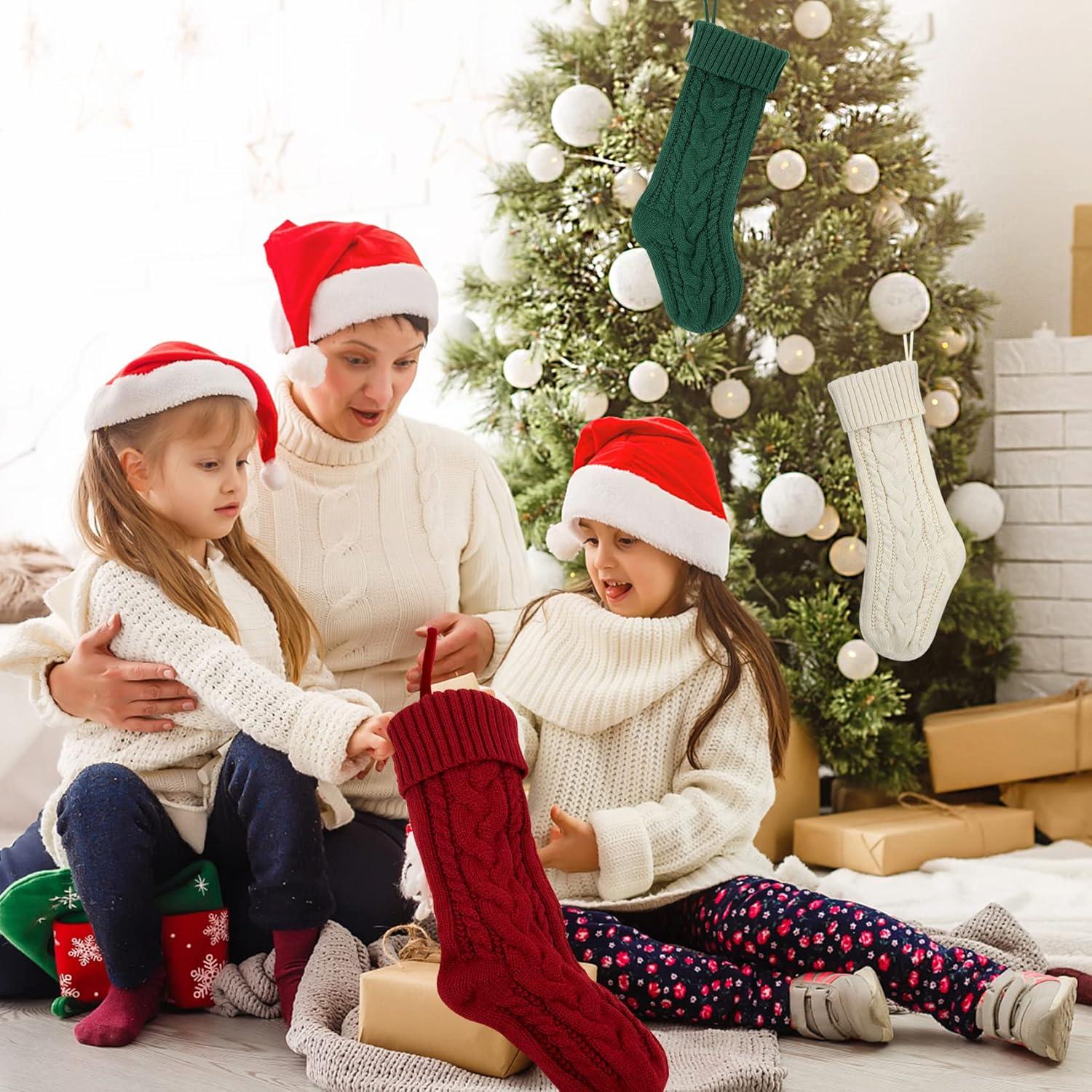 Set of 6 Large Knit Christmas Stockings in Red, Green, and Cream