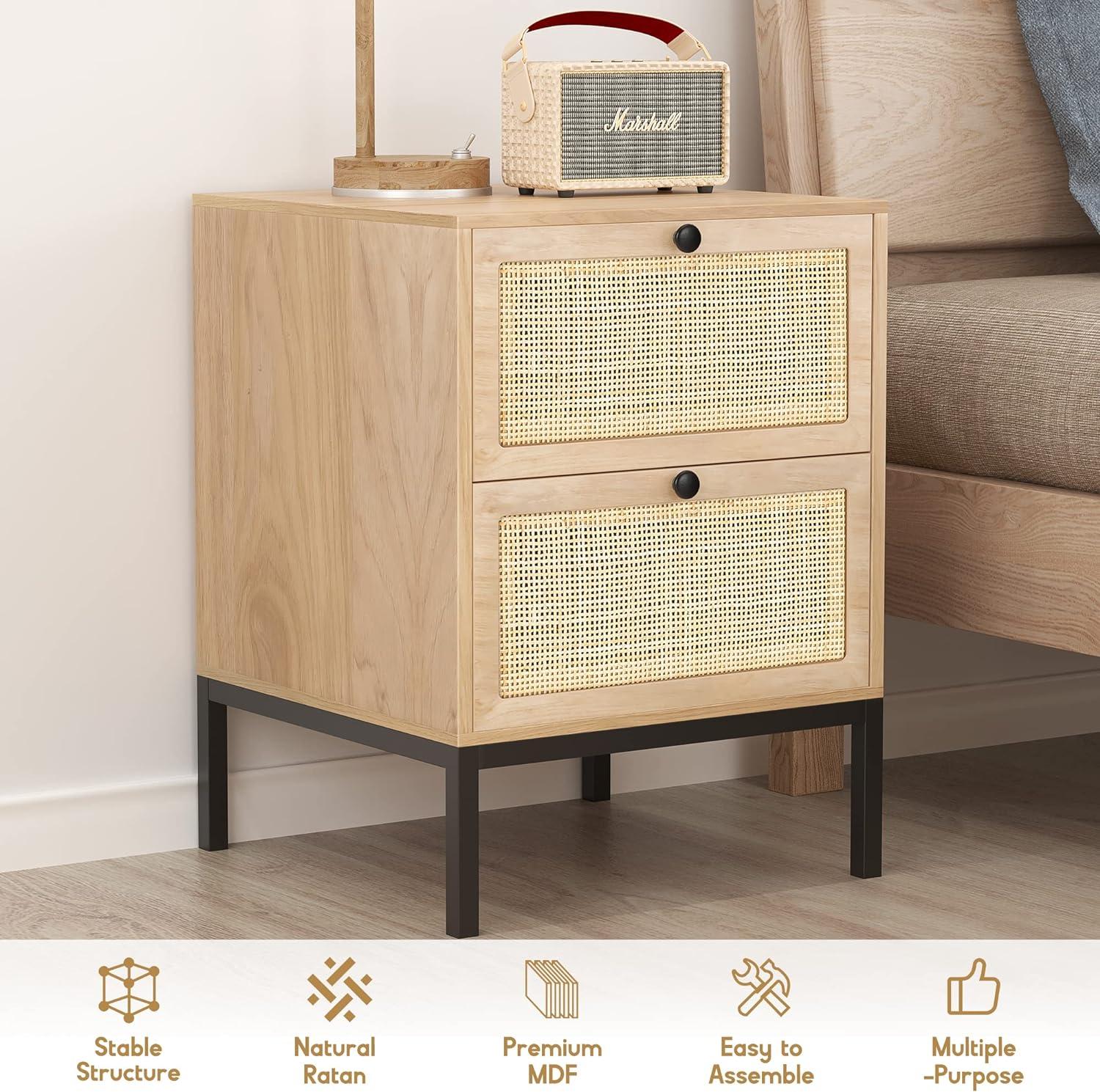 Natural Rattan and MDF 2-Drawer Nightstands with Metal Legs