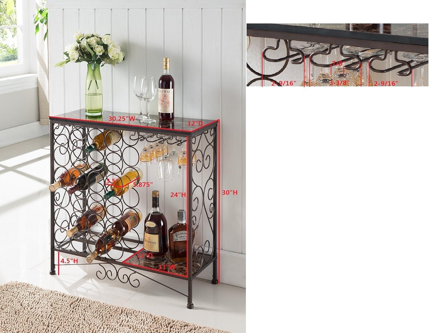 Bronze Metal and Faux Marble Wine Rack Table with Glass Storage