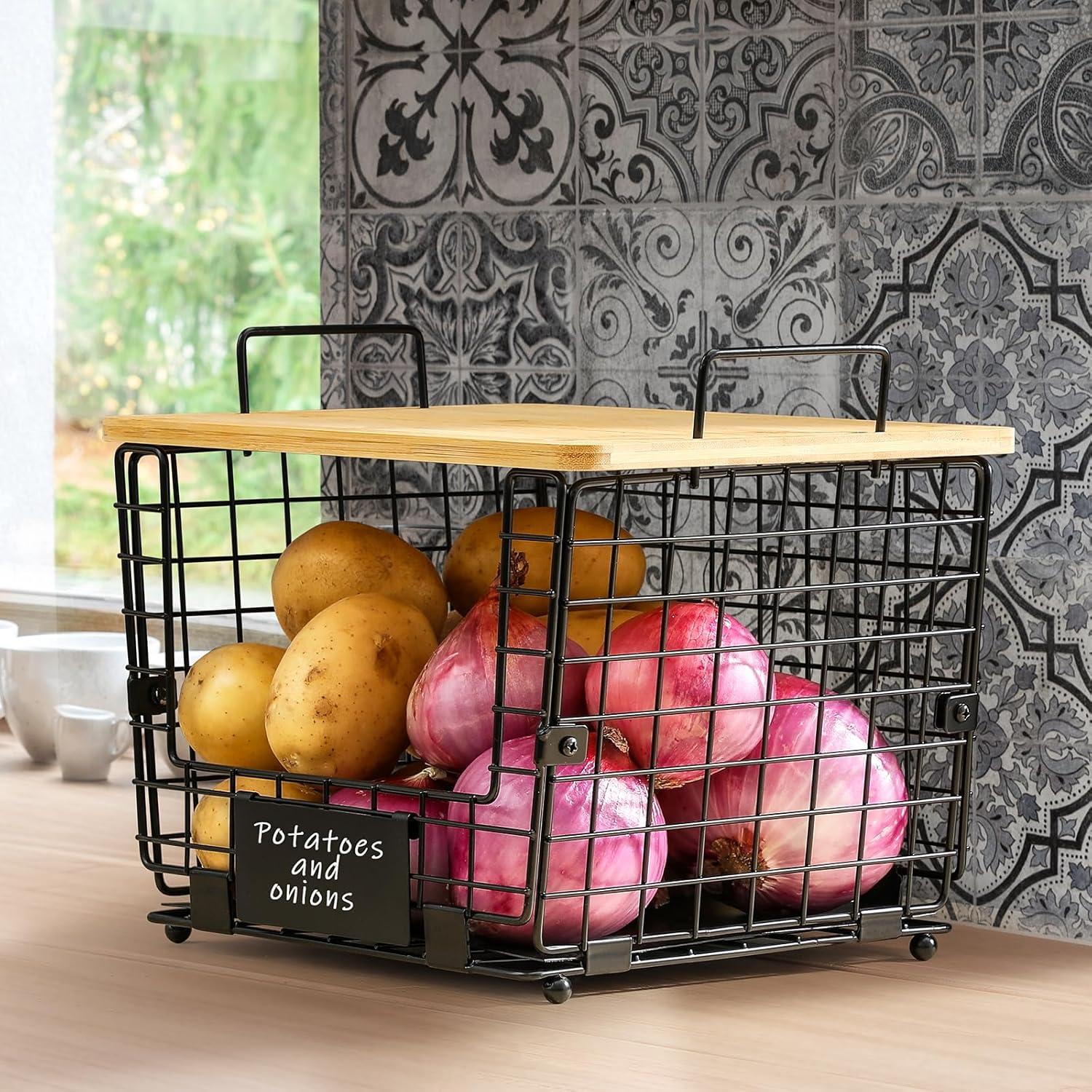 Large Black Stackable Wire Basket with Bamboo Top