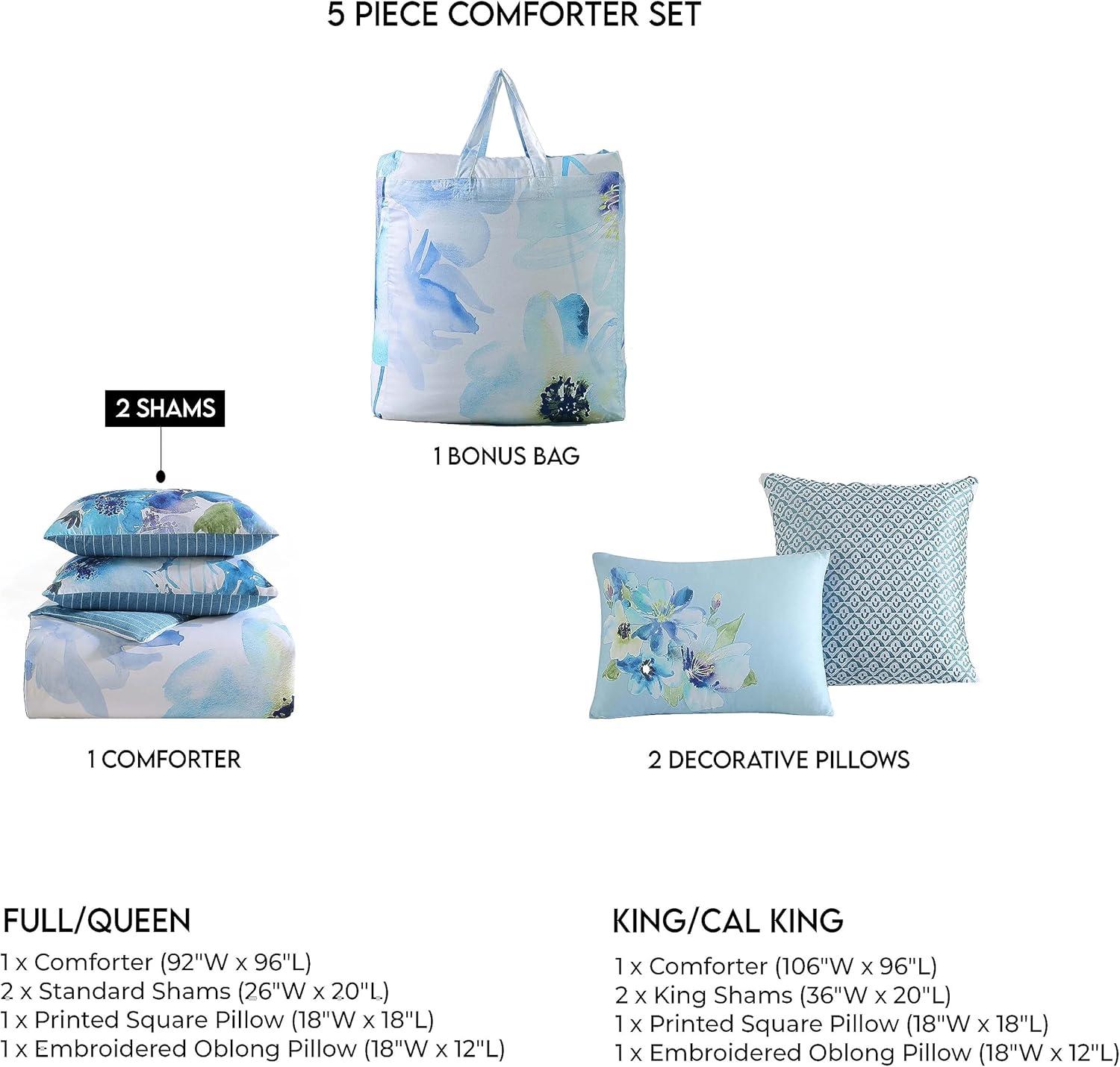 Bebejan Watercolor Blue 100% Cotton Sateen 5 Piece Reversible Comforter Set