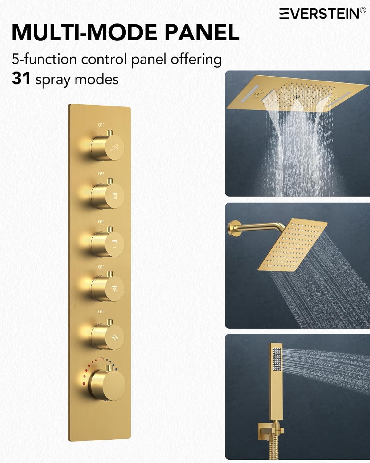 EVERSTEIN Music Thermostatic Shower System,Dual Showerheads with LED Mood Lighting SFS-1051-BK