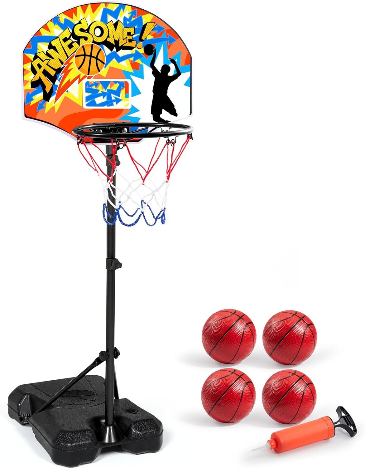 Phantoscope Kids Basketball Hoop, Adjustable Height 2.8 Ft-6.2 Ft Toddler Basketball Hoop For Kids Indoor Outdoor Play Portable Basket Ball For Age 3-8 Gift