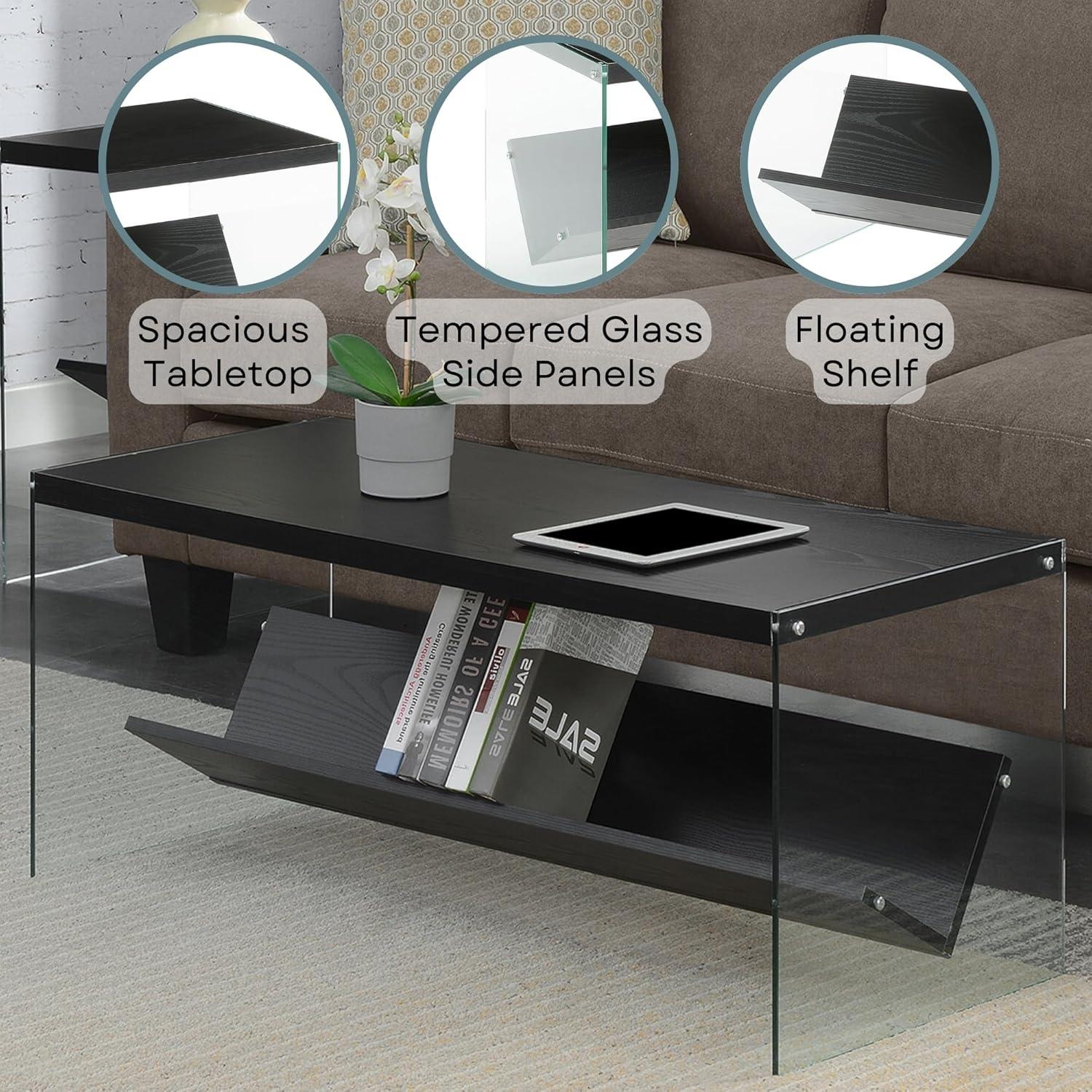 Modern Rectangular Wood and Glass Coffee Table with Shelf