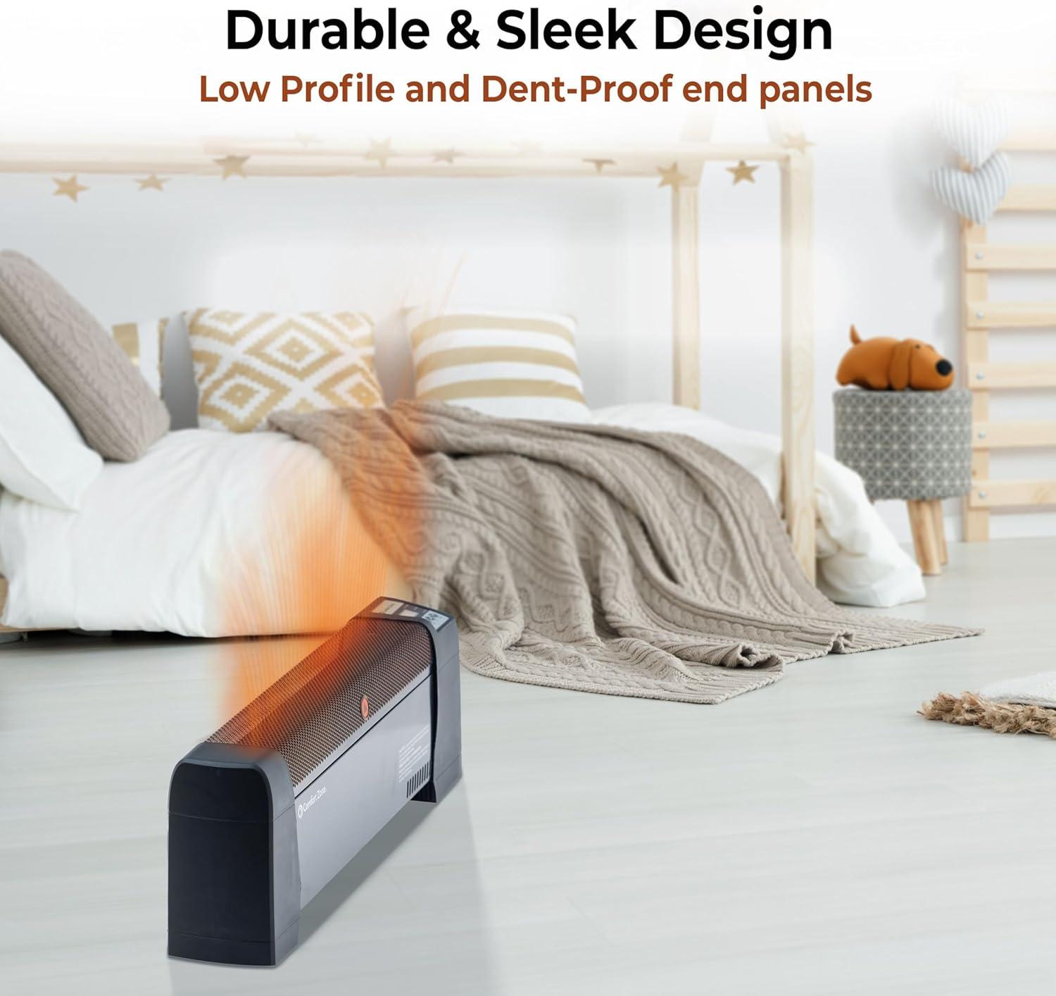 Comfort Zone Baseboard Space Heater with Digital Thermostat, Electric, Dent-Proof End Panels, Overheat Protection, Tip-Over Switch, & Stay-Cool Body, Ideal for Home, Bedroom, & Office, 1,500W, CZ650B