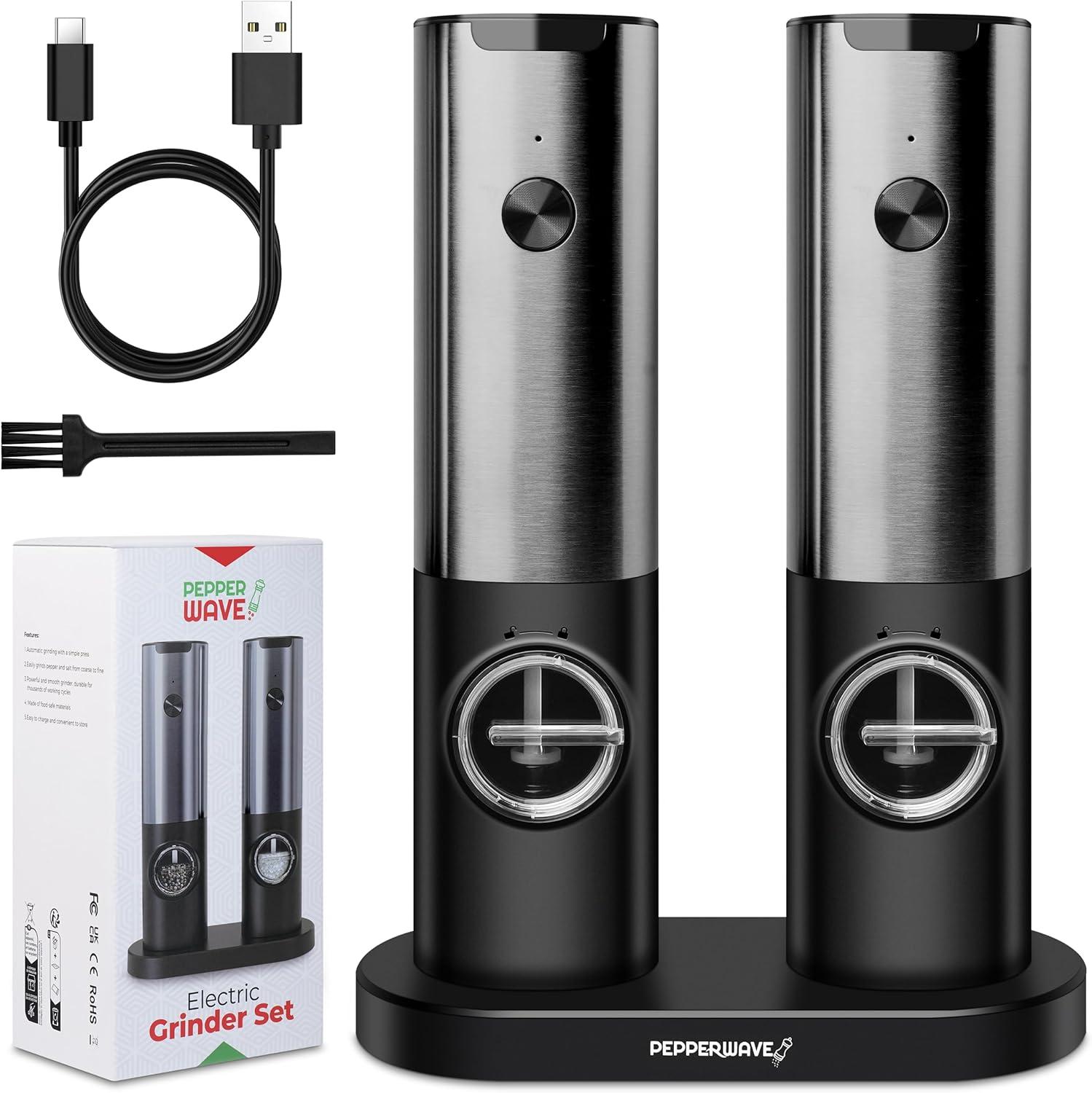 Electric Salt And Pepper Grinder Set W/usb Rechargeable Base, No Battery Needed, One Handed Operation, Automatic Powered Spice Mill Shakers Refillable