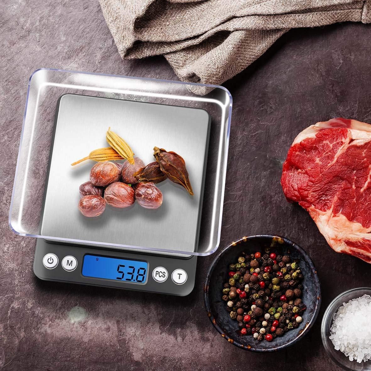 Digital Kitchen Scale 3000g / 0.1g ; Mini Pocket Jewelry Scale, Food Scale for Kitchen, 2 Trays, 6 Units, Auto Off, Tare, PCS Function, Stainless Steel, Batteries Included