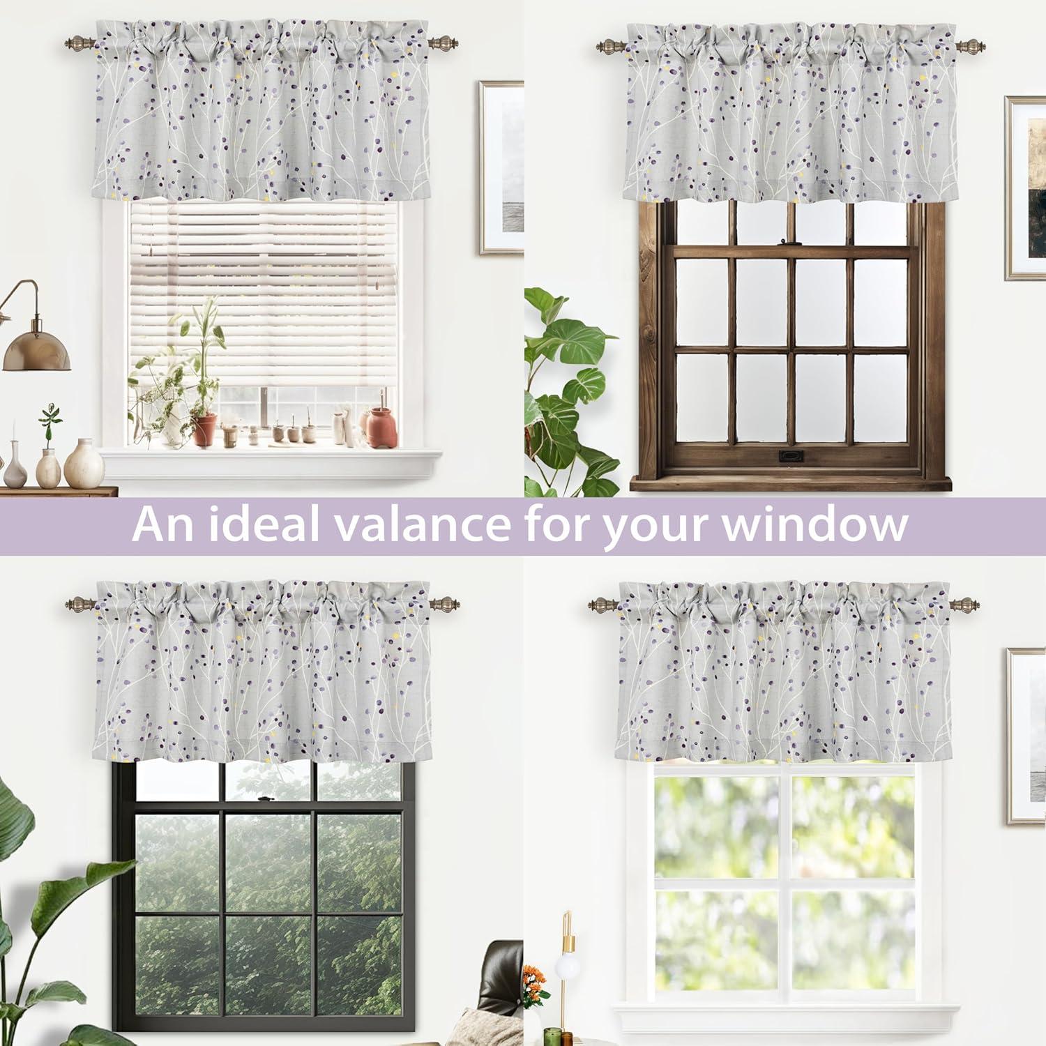 DriftAway Harper Floral Pattern Window Treatment Valance, Rod Pocket, 50"x18"+2" Header (Levender/Gray)