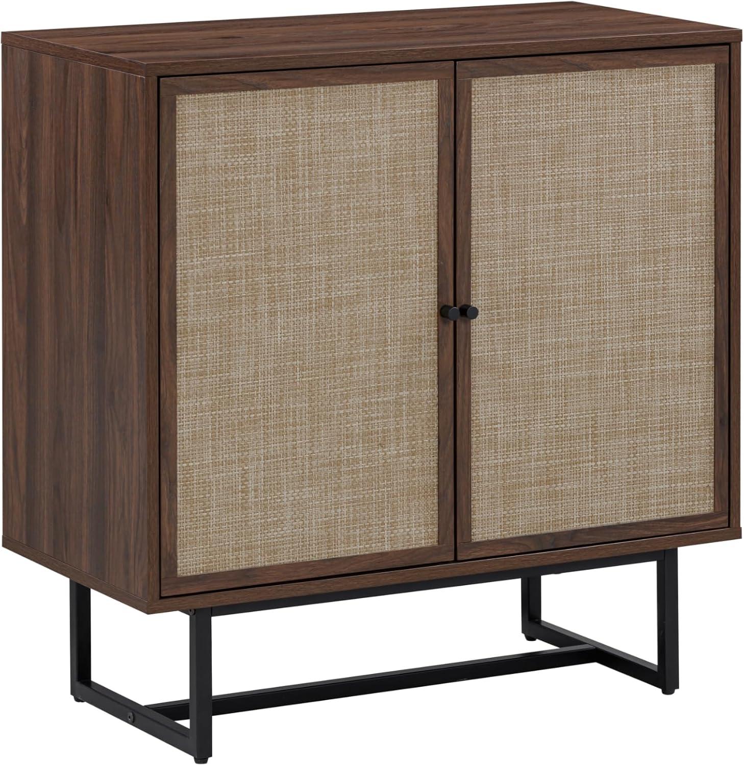 Nathan James Kova Bohemian Rattan Sideboard or Storage Cabinet, Wooden Storage Cabinet with Doors, Walnut Sideboard Buffet or Rattan Accent Storage Cabinet with Matte Black Legs