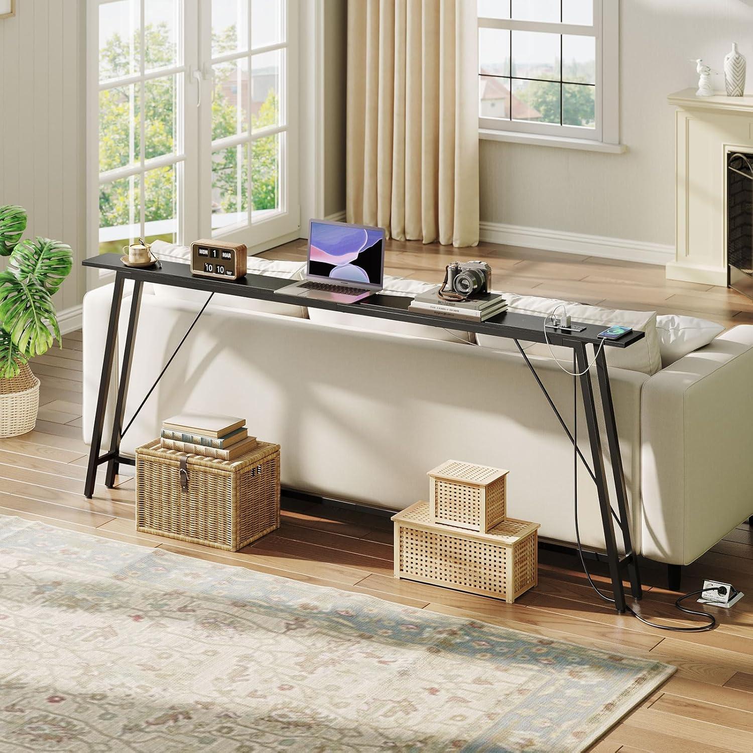 78.7'' Black Industrial Console Table with Power Outlets