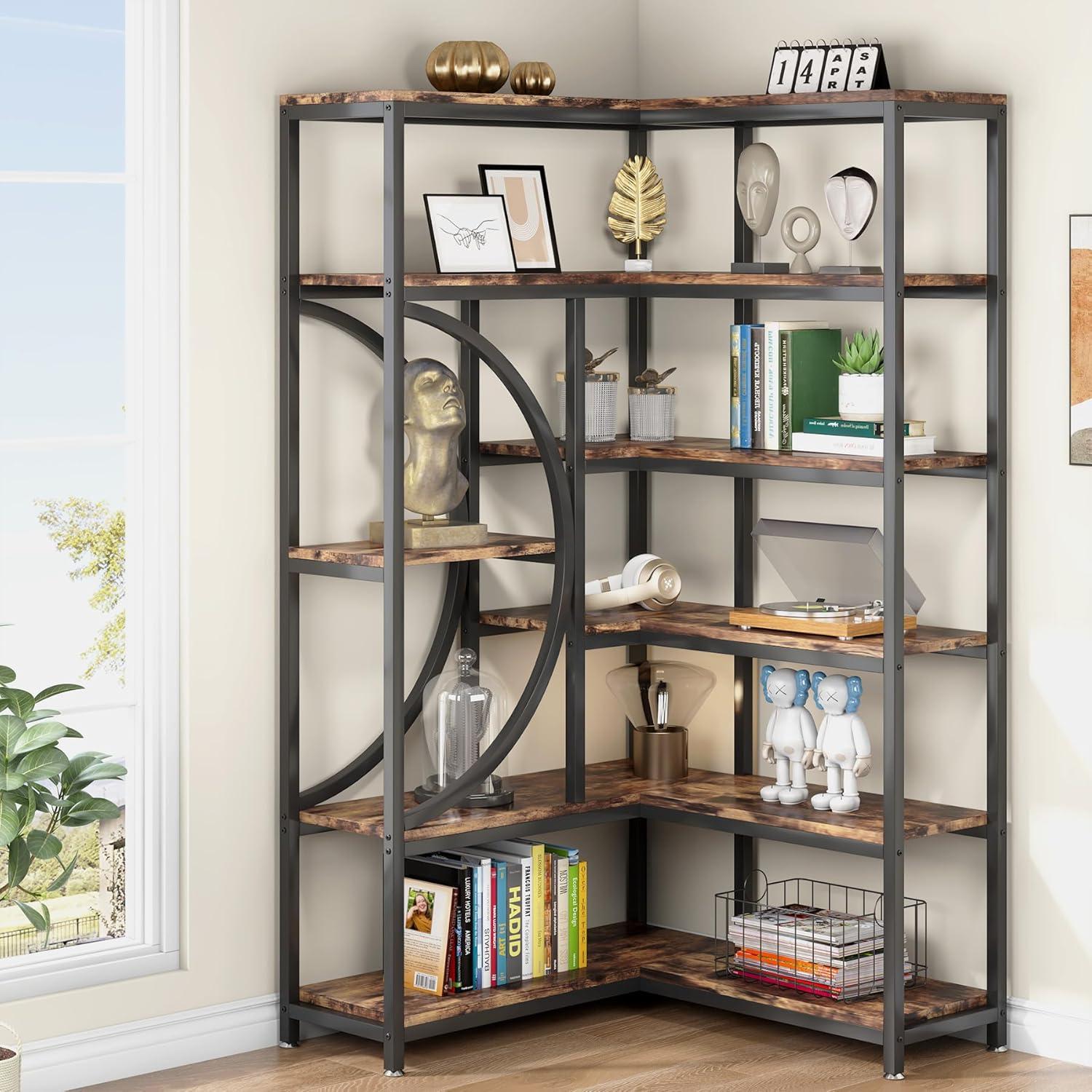 Rustic Brown 6-Tier Corner Bookshelf with Black Metal Frame