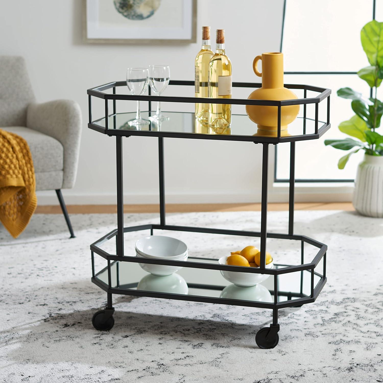 SAFAVIEH Silva 2 Tier Modern Glam Octagon Bar Cart with Casters, Black (29.6 in. W x 16.5 in. D x 29.8 in. H)