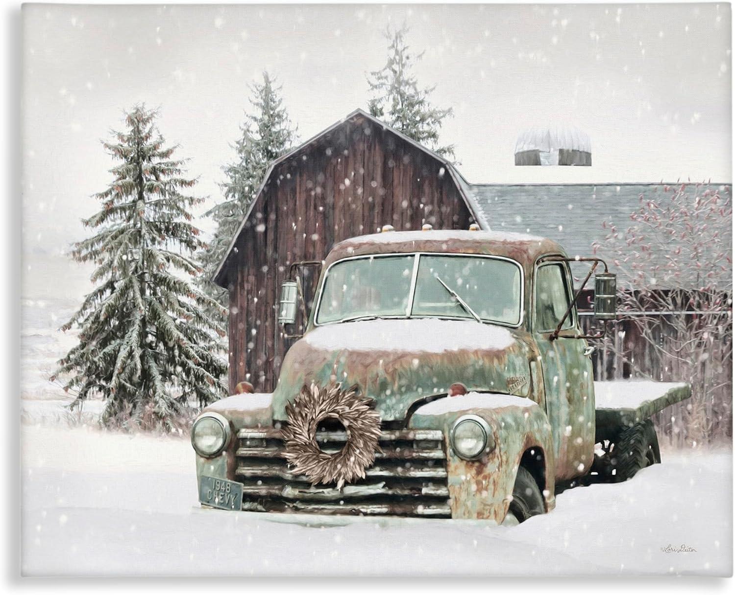 Vintage Truck and Barn Snowy Landscape Christmas Canvas Print