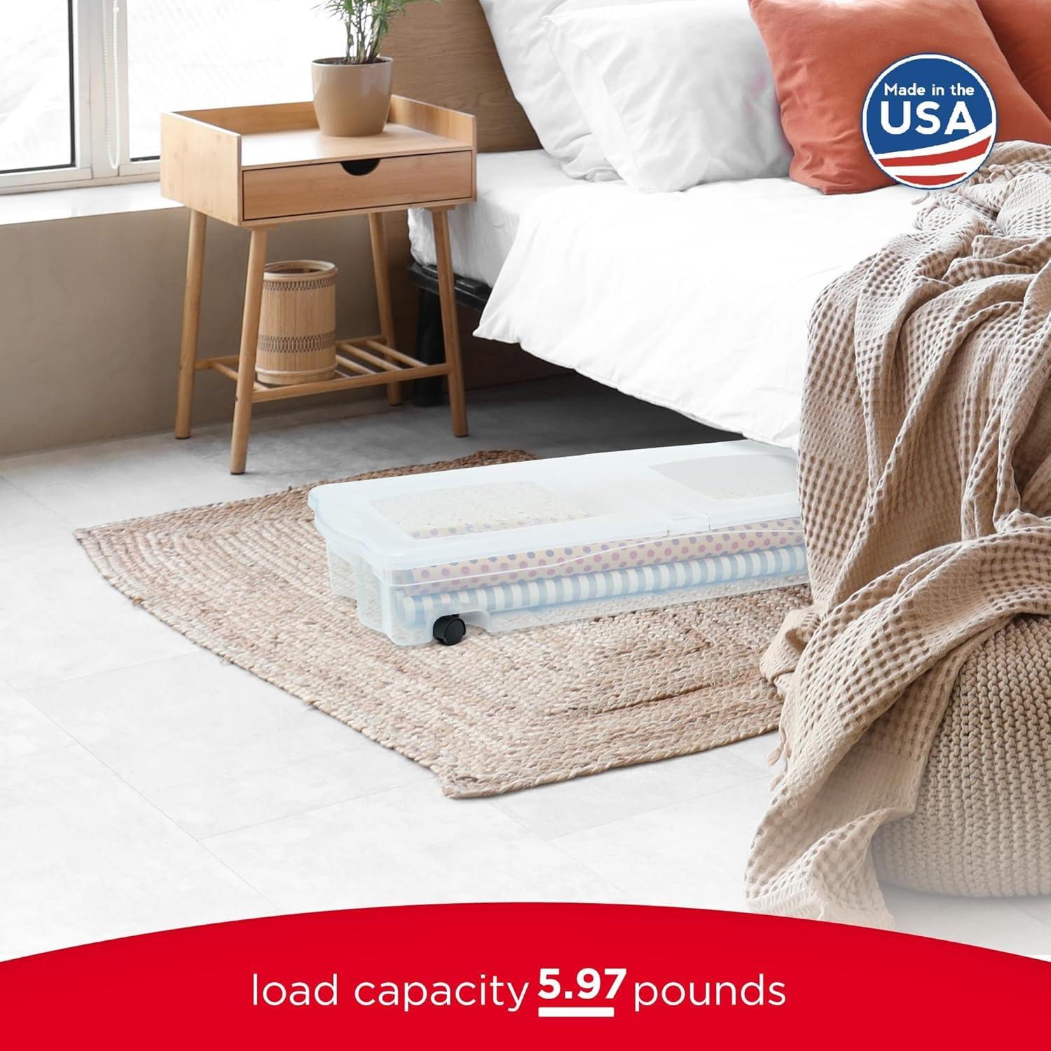 Rubbermaid Under Bed Wheeled Storage Box, 2-Pack, Made In USA, Plastic Containers With Dual-Hinged Lids And Sturdy Wheels, Visible Organization For Tight Spaces