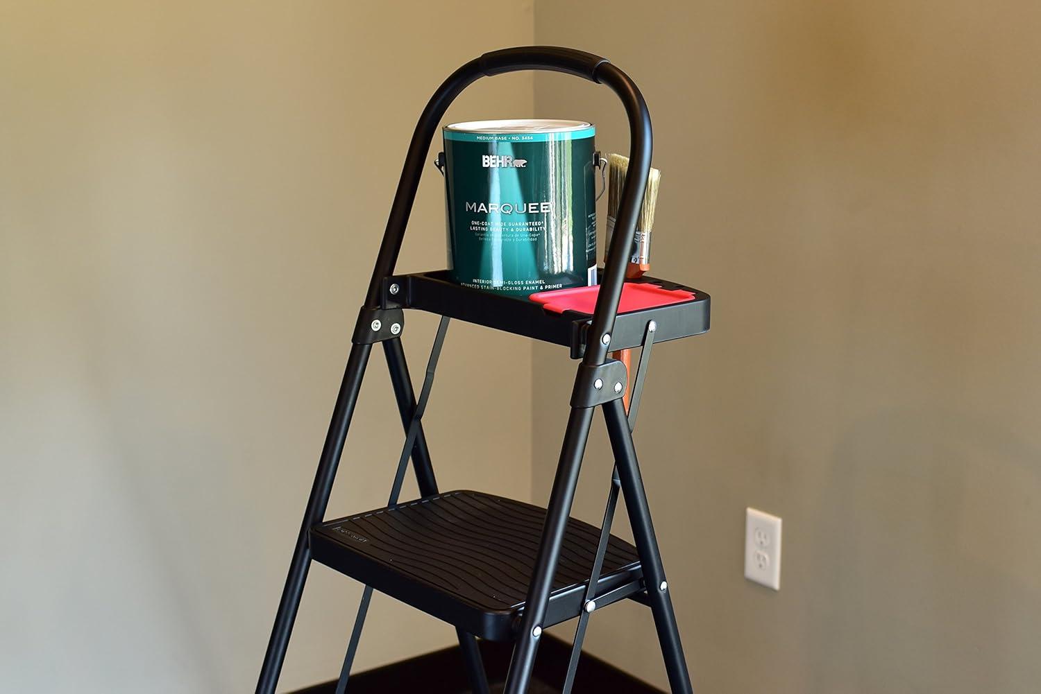 Black Foldable Steel 3-Step Ladder with Project Tray