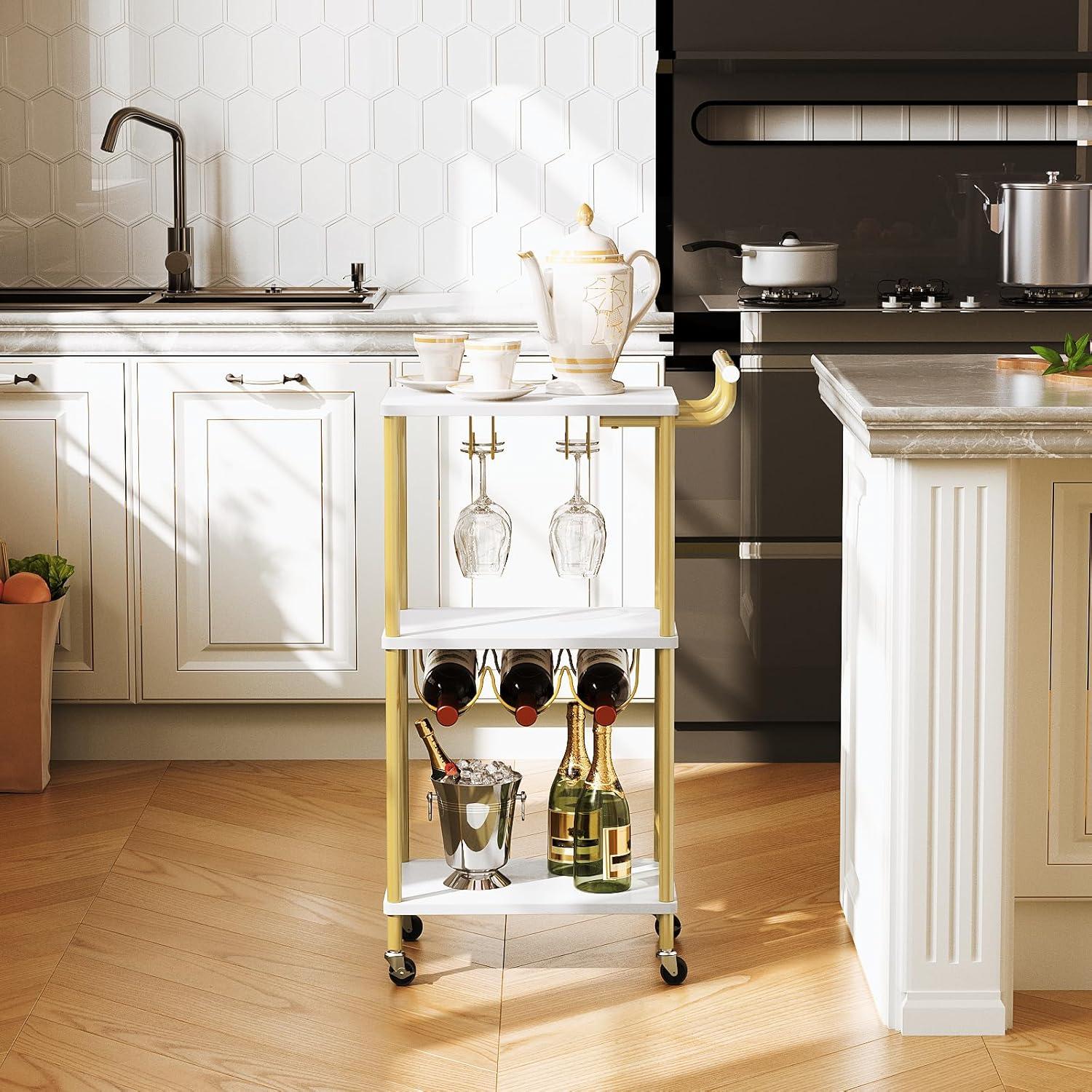 Gold and White 3-Tier Metal Bar Cart with Wine Rack