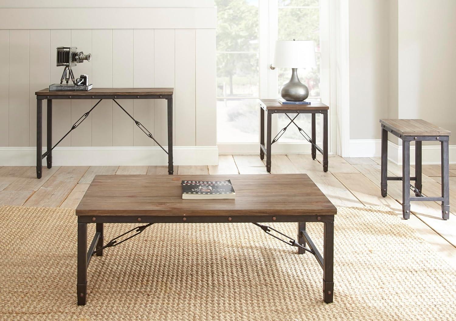 Riveted Antique Tobacco 48" Industrial Coffee Table with Plank-Effect Top