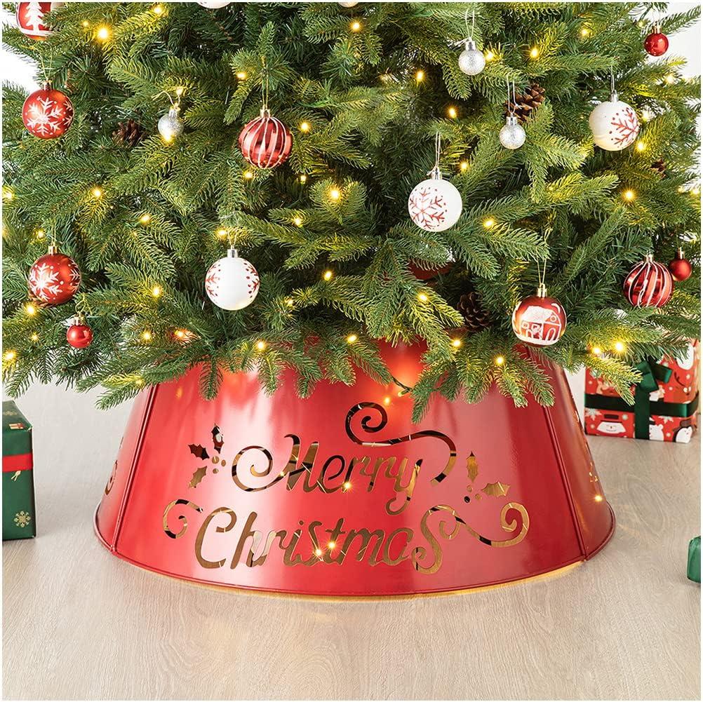 Red Metal Merry Christmas Tree Collar with Lights