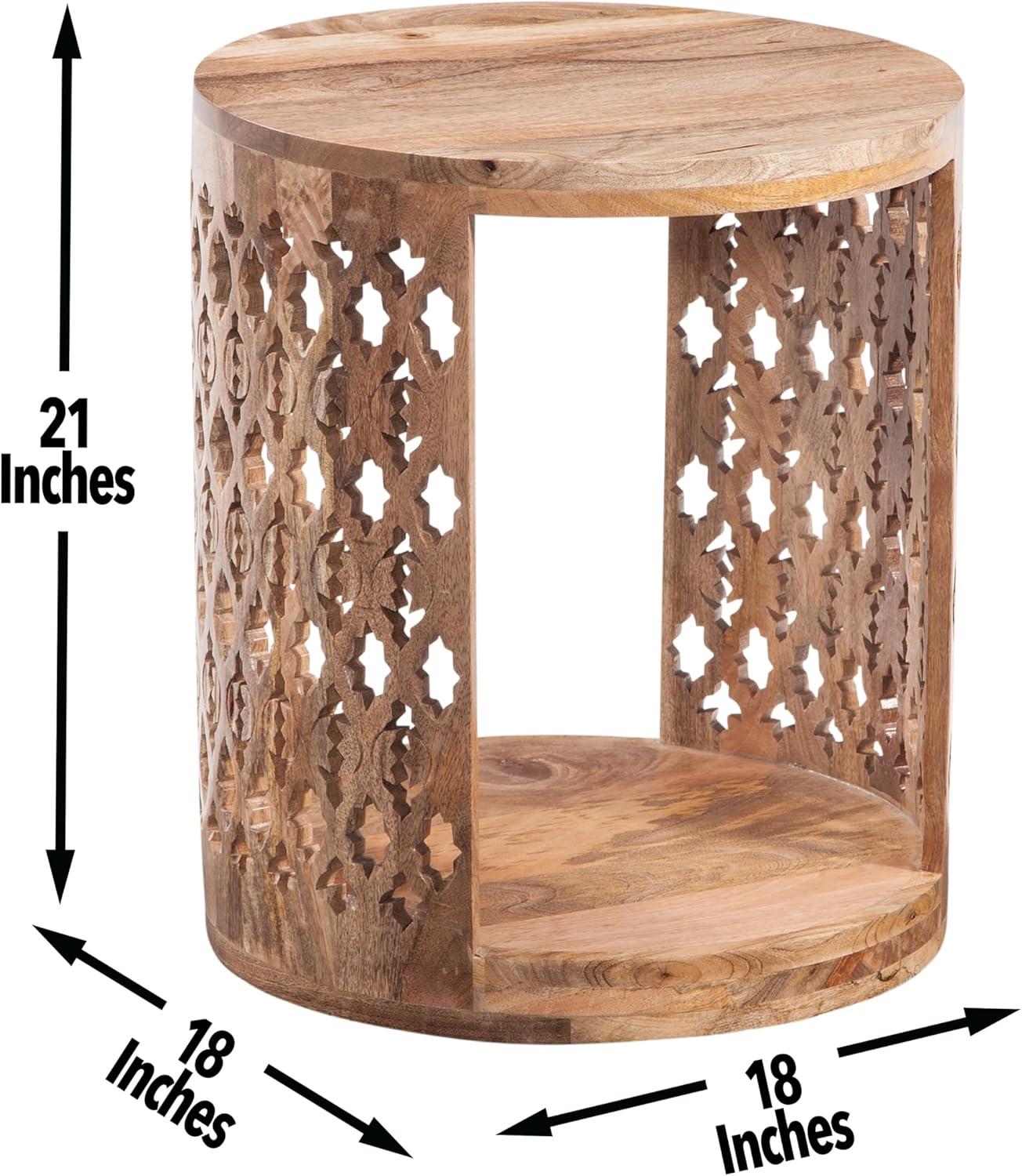 Brinley Hand-Carved Rosette Round End Table in Natural Mango Wood