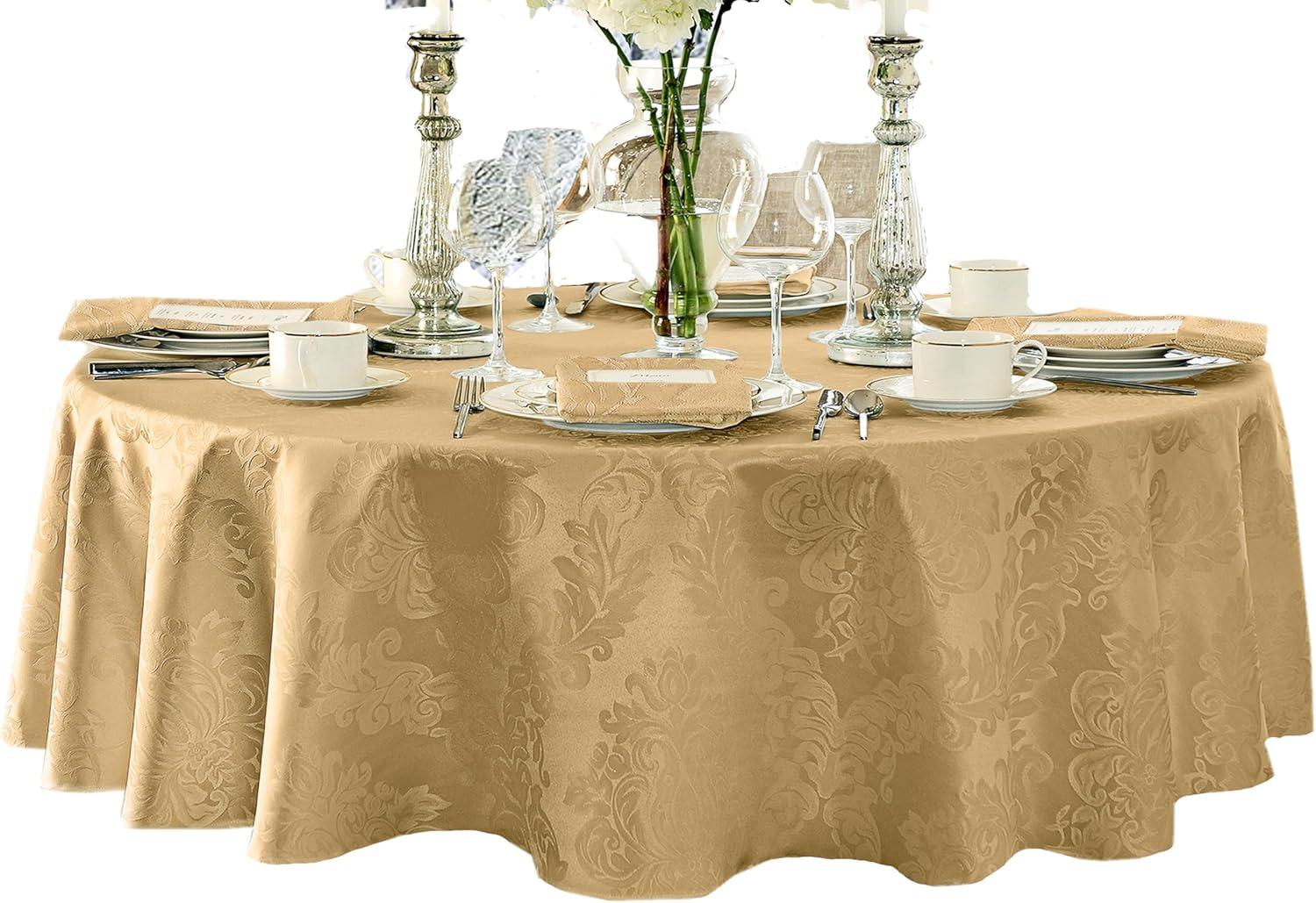 Barcelona Jacquard Damask Stain Resistant Tablecloth - 60" x 84" Oval - Gold - Elrene Home Fashions