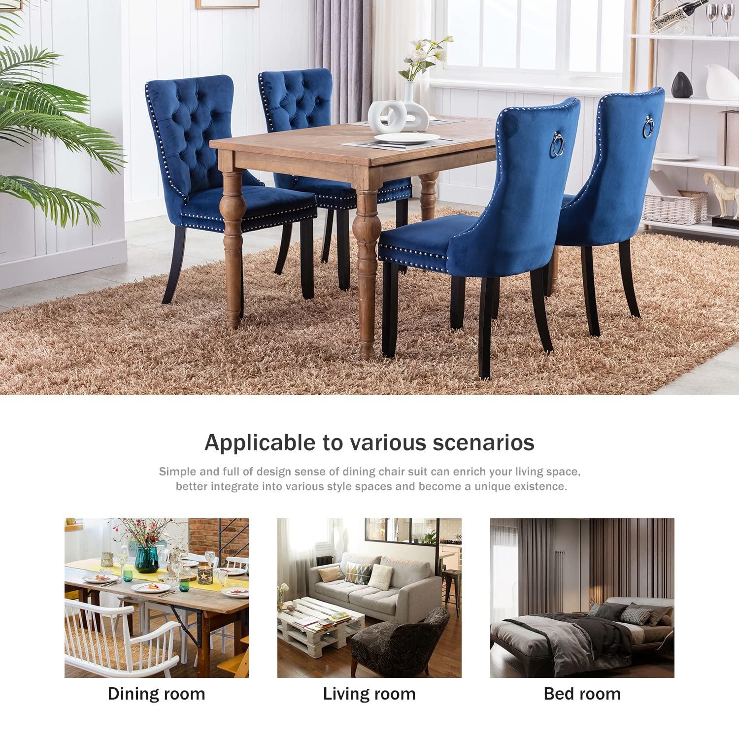 ODUSE-DAILY Velvet Dining Chairs Set of 2, Navy Kitchen & Dining Room Chairs, Tufted Dining Chairs, Fabric Upholstered, Solid Wood, Sillas De Comedor (Blue, 2 Pcs)