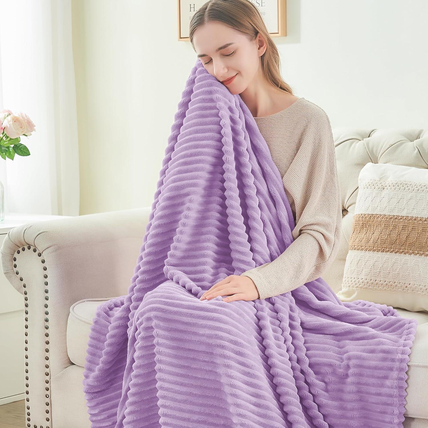 BEDELITE Fleece Throw Blanket for Couch 3D Ribbed Jacquard Cozy, Fluffy, Plush Lightweight Lavender Throw Blankets for Bed, Sofa, 50x60 inches