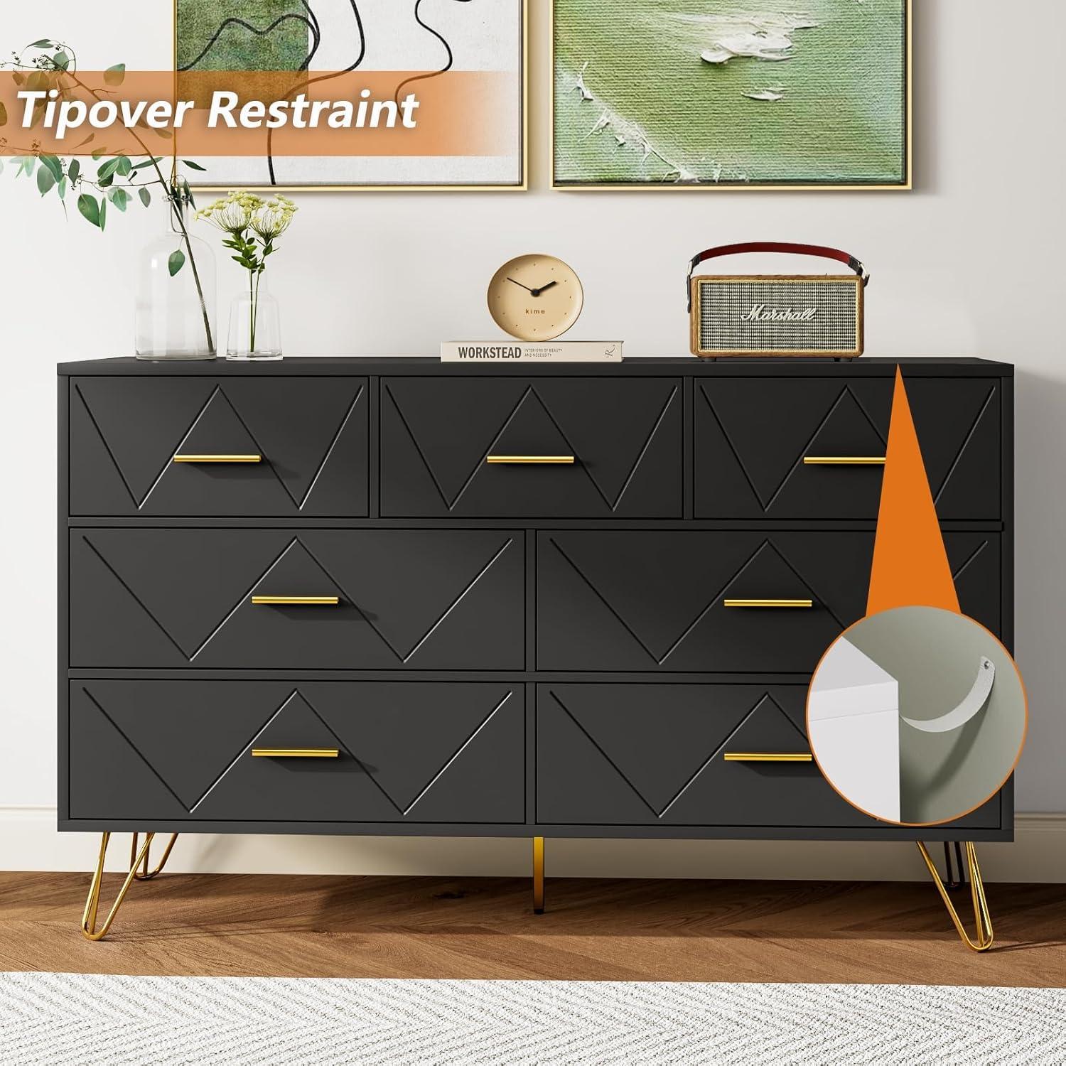 RESOM 7 Drawers Dresser for Bedroom, Black Dresser with Golden Legs & Handles, Wooden Chest of Drawer, Modern Dresser for Living Room, Hallway, Nursery