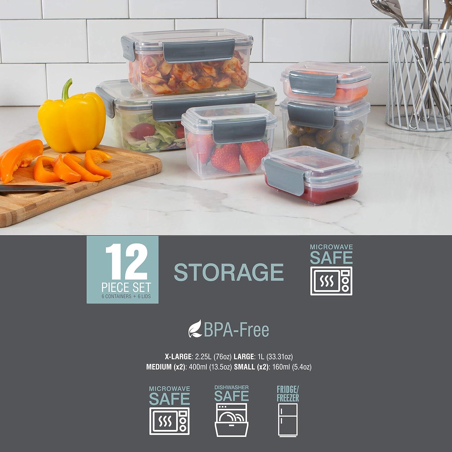 Kitchen Details 12 Piece 2.25 L Plastic Airtight Food Storage Container Set, Grey