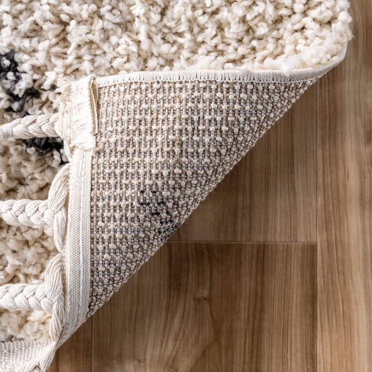 Off-White Braided Shag Square Area Rug with Tassels, 6'x6'