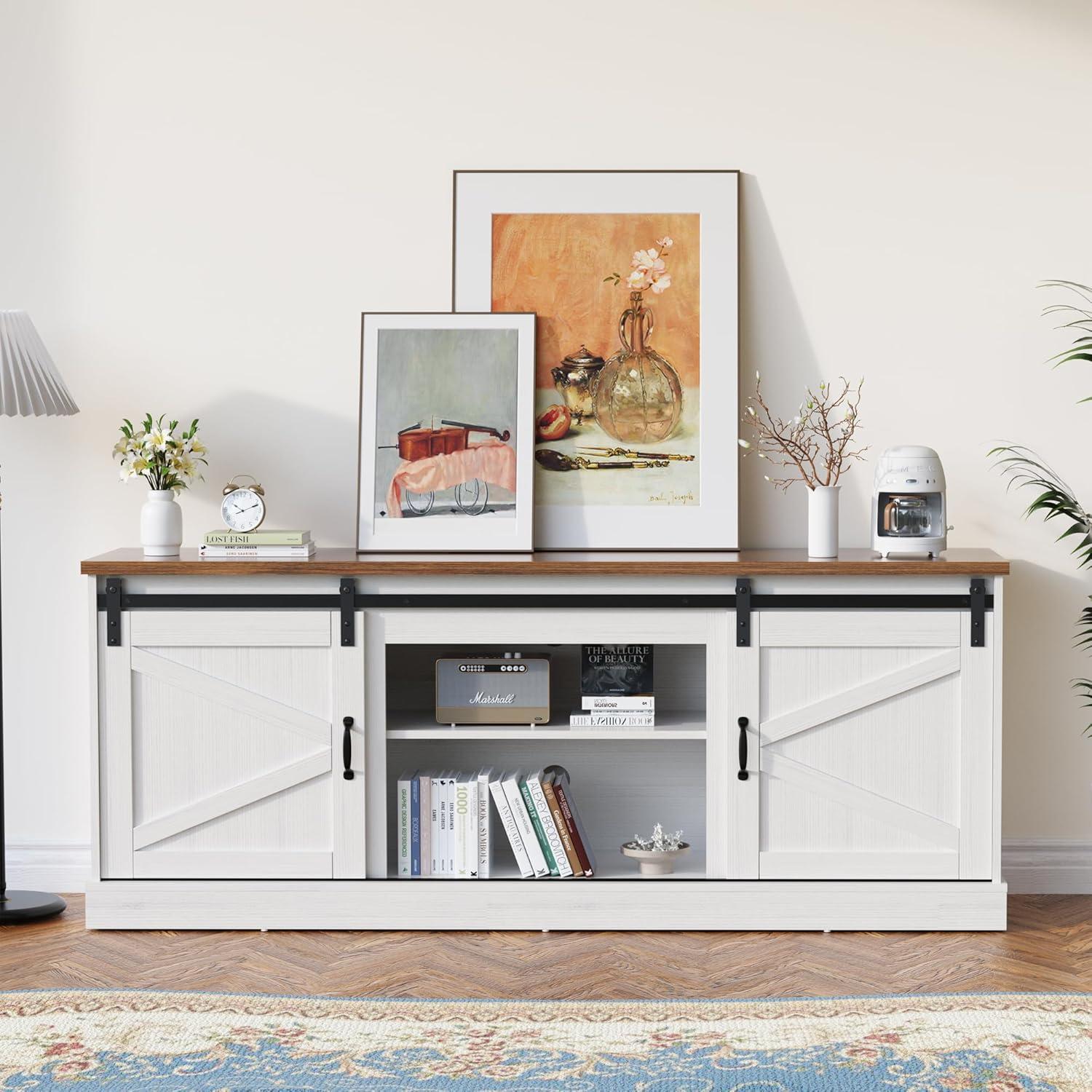 Kullavik Farmhouse TV Stand for Televisions up to 75 Inchs,Entertainment Center with Sliding Barn Doors and Storage Cabinets,Modern Media TV Console Table for Living Room,Bright White