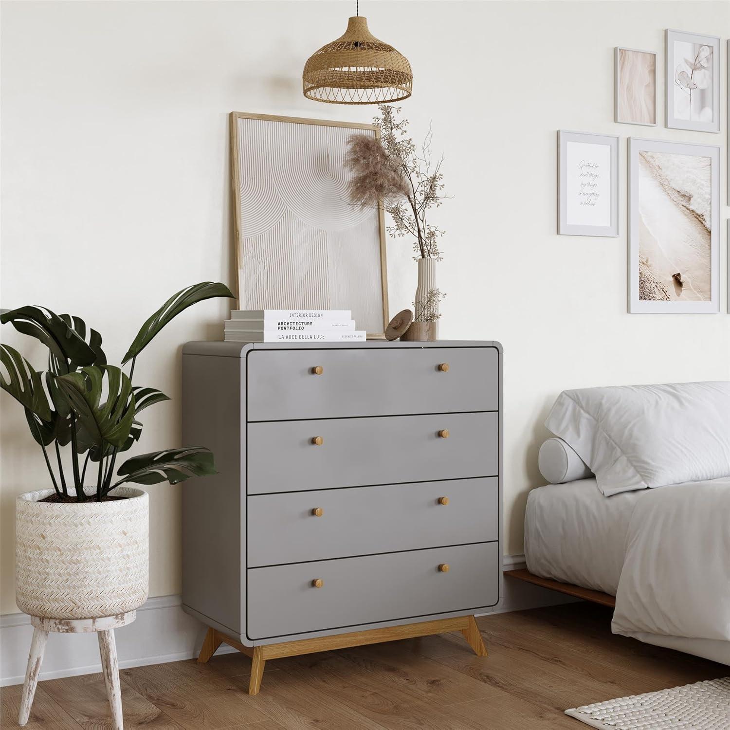 Gray Mid-Century Modern 4-Drawer Dresser with Splayed Legs